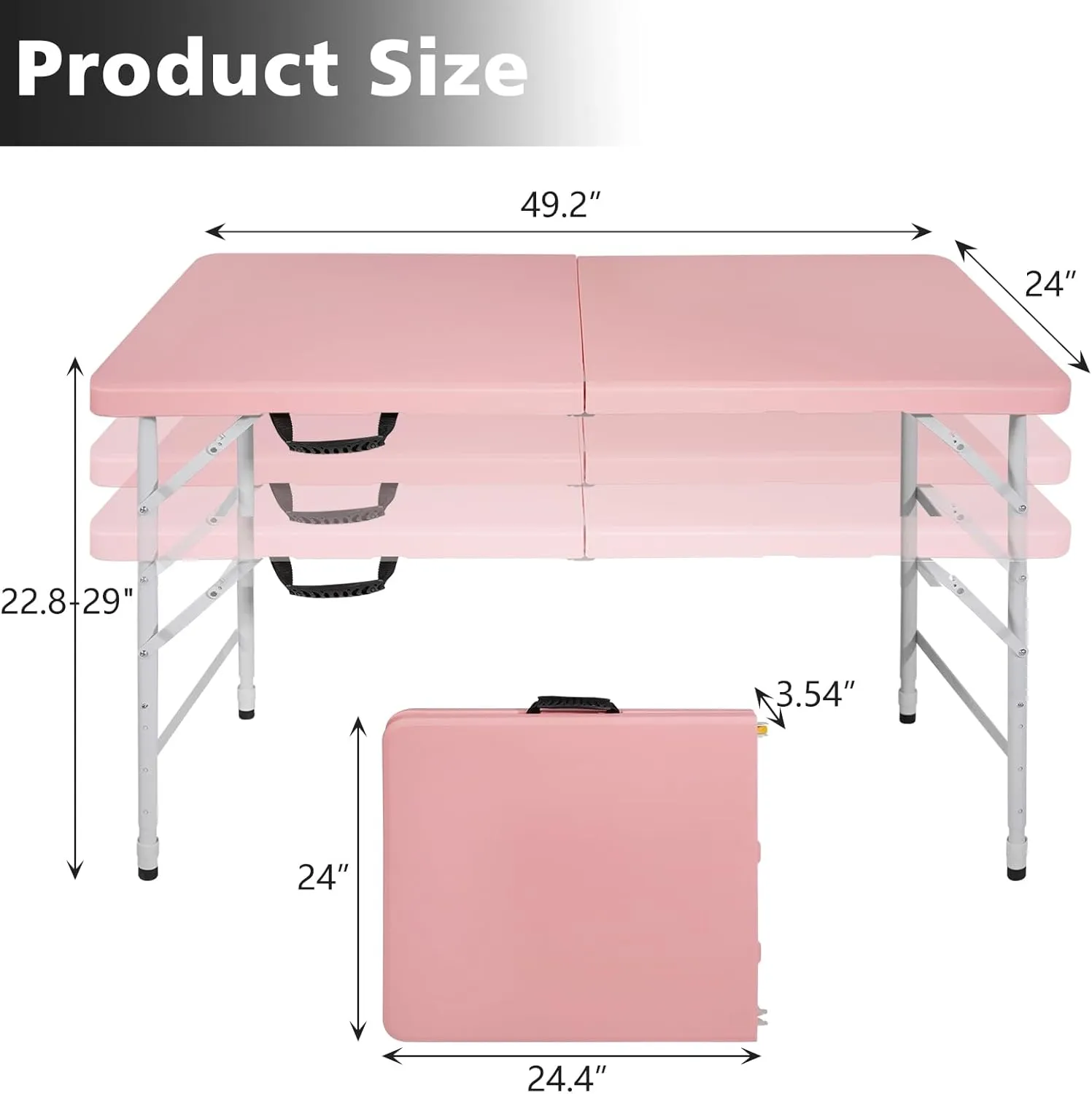Portable 4Ft Folding Table, Heavy Duty Plastic Fold-in-Half Utility Foldable Table Small, Adjustable Height Plastic Folding Table with Carrying Handle for Camping & Party Indoor/Outdoor (Pink)