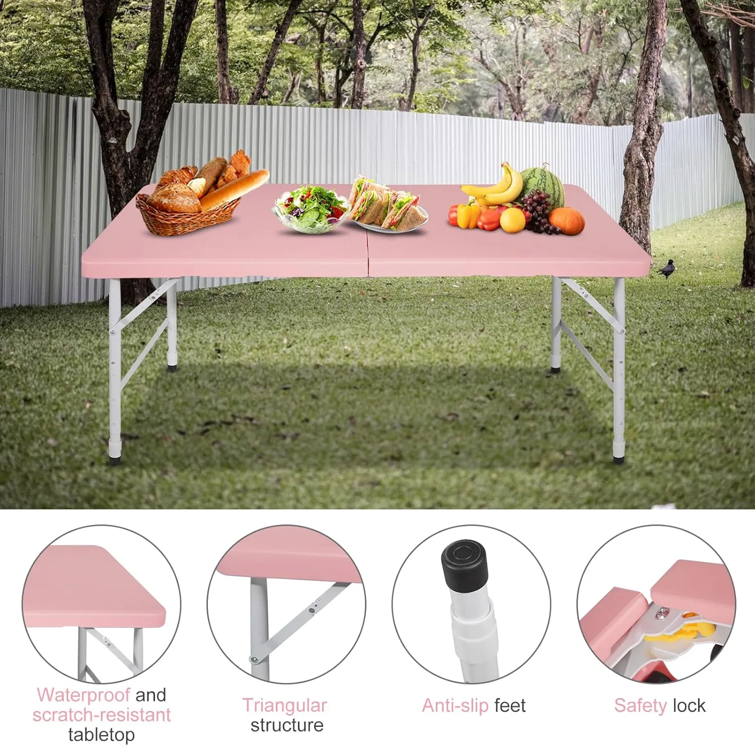 Portable 4Ft Folding Table, Heavy Duty Plastic Fold-in-Half Utility Foldable Table Small, Adjustable Height Plastic Folding Table with Carrying Handle for Camping & Party Indoor/Outdoor (Pink)