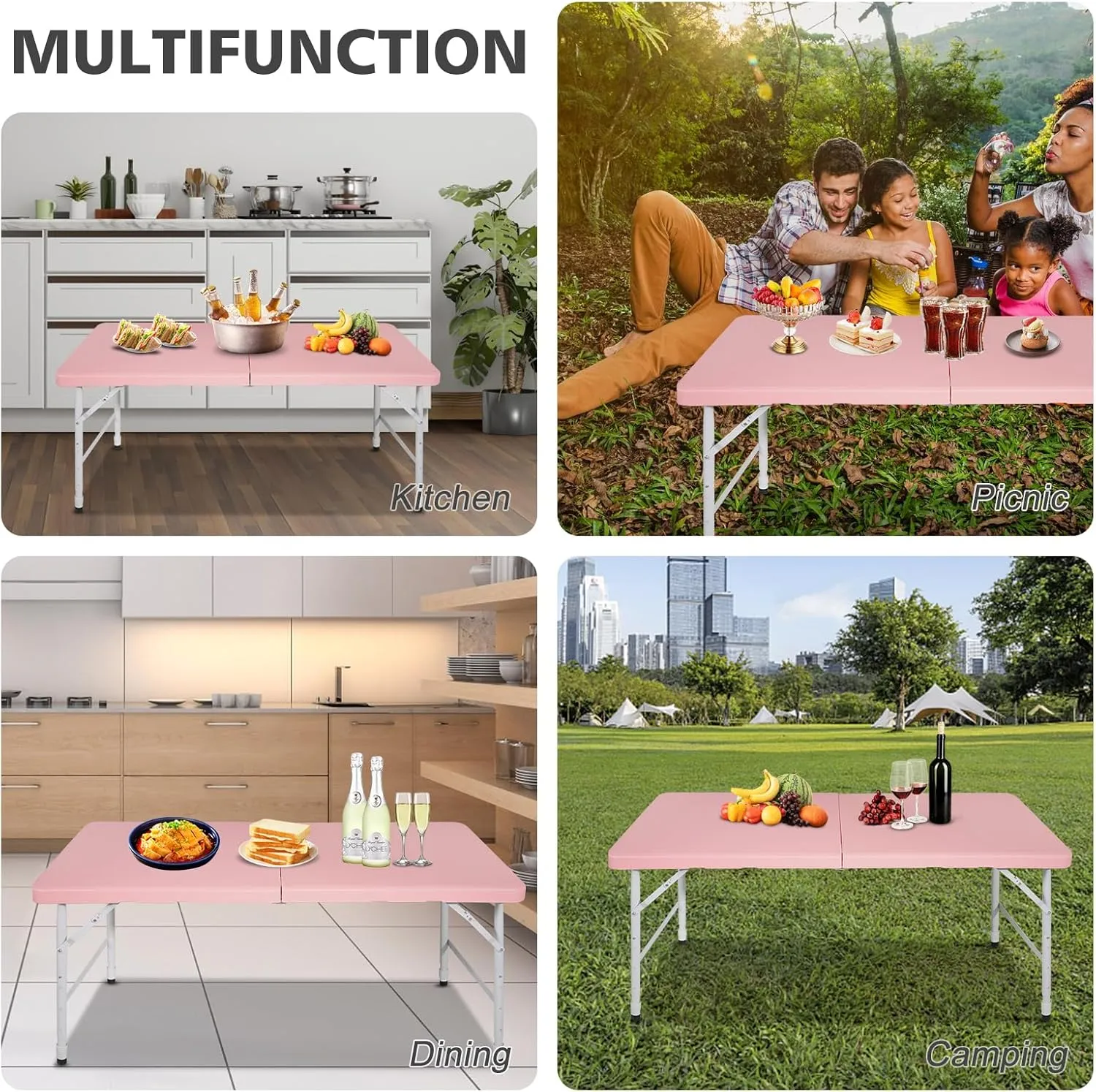 Portable 4Ft Folding Table, Heavy Duty Plastic Fold-in-Half Utility Foldable Table Small, Adjustable Height Plastic Folding Table with Carrying Handle for Camping & Party Indoor/Outdoor (Pink)