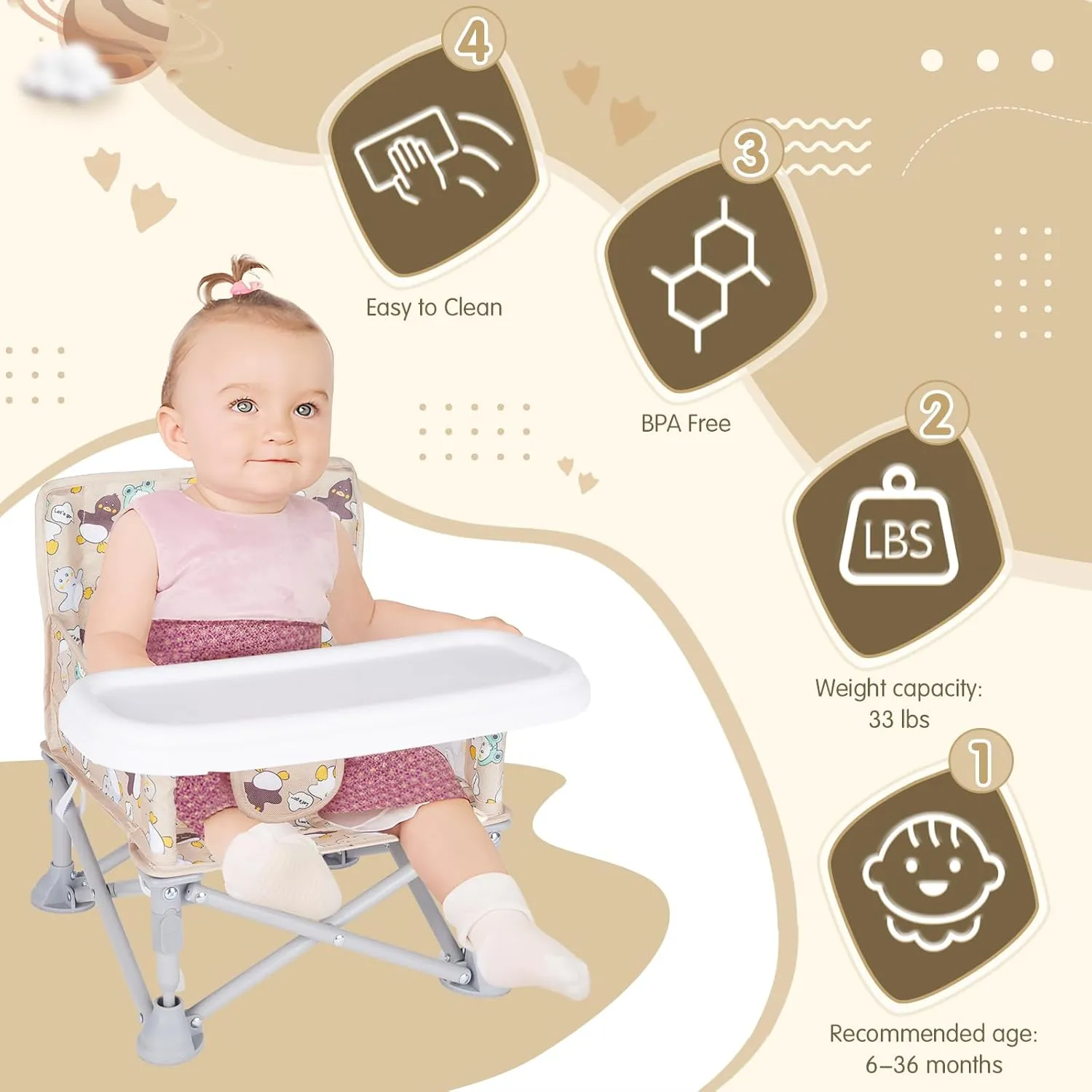 Portable Baby Booster Seat with Tray, Toddler Booster seat for Dining, Camping, Travel, Baby Beach Chair 6 Months to 3 Years Old Indoor Outdoor Use CH2404
