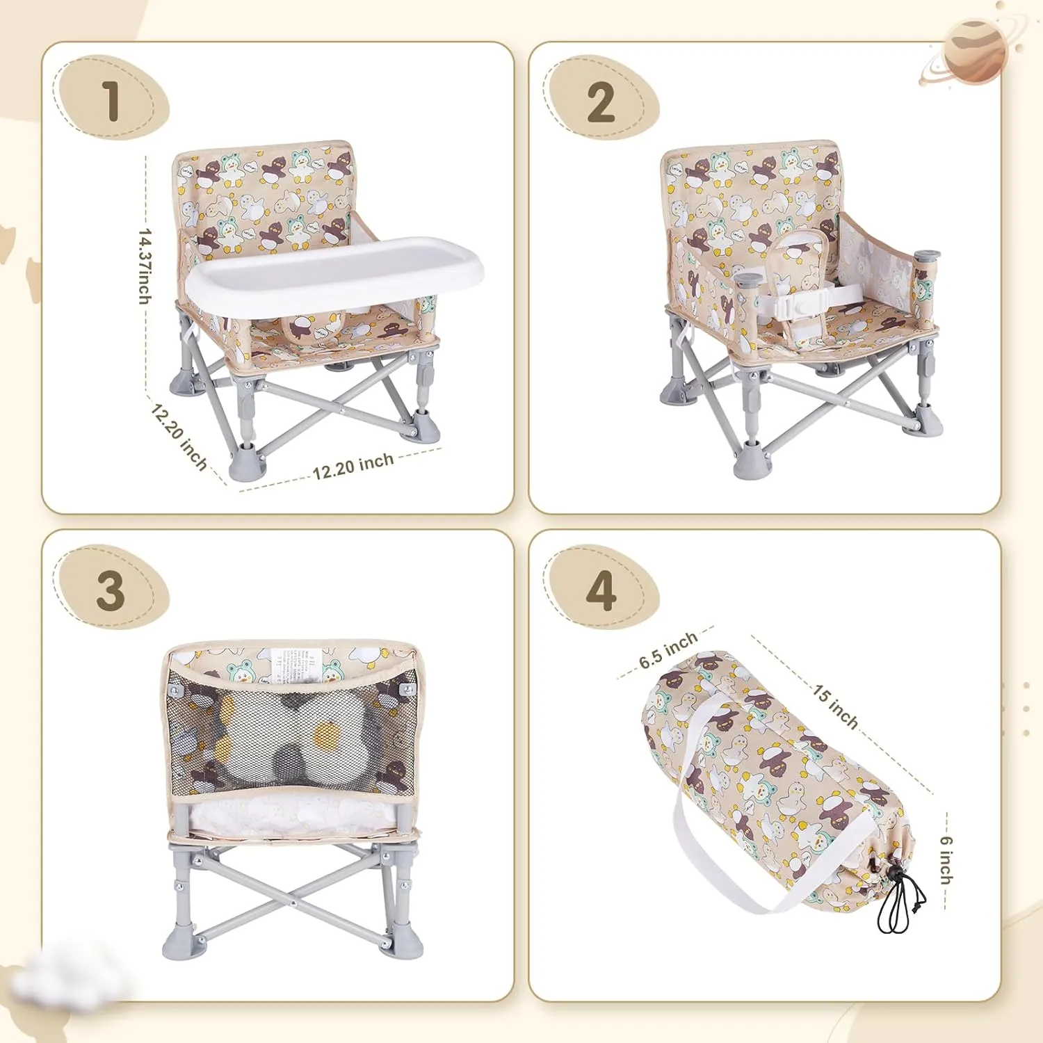 Portable Baby Booster Seat with Tray, Toddler Booster seat for Dining, Camping, Travel, Baby Beach Chair 6 Months to 3 Years Old Indoor Outdoor Use CH2404