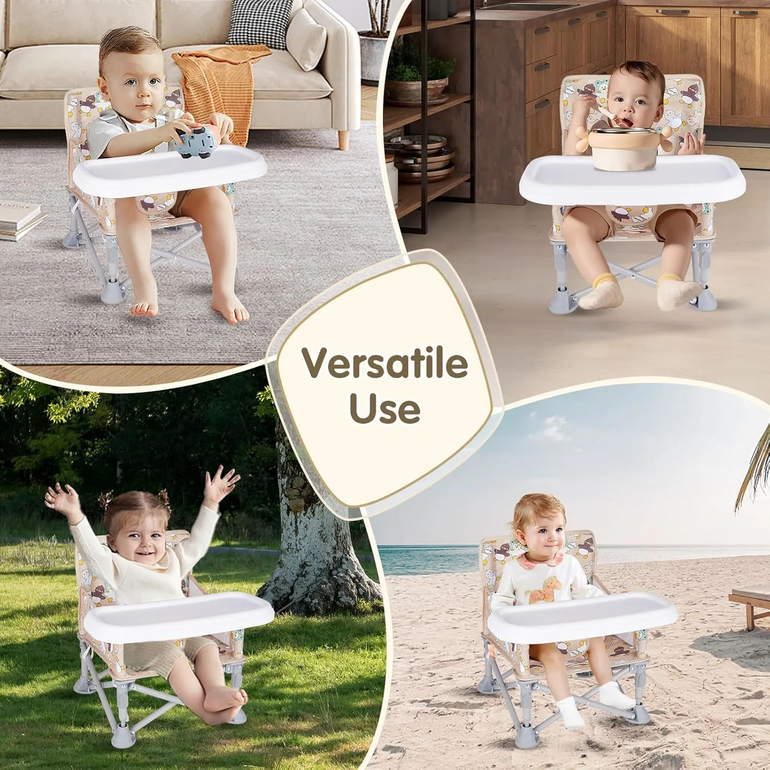 Portable Baby Booster Seat with Tray, Toddler Booster seat for Dining, Camping, Travel, Baby Beach Chair 6 Months to 3 Years Old Indoor Outdoor Use CH2404