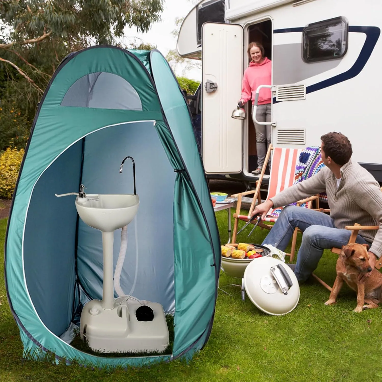 Portable Camping Sink with Towel Holder & Soap Dispenser, Portable Sink Camping Hand Washing Station Hand Wash Basin Stand with Rolling Wheels for Outdoor Events, Gatherings, Worksite, Camping