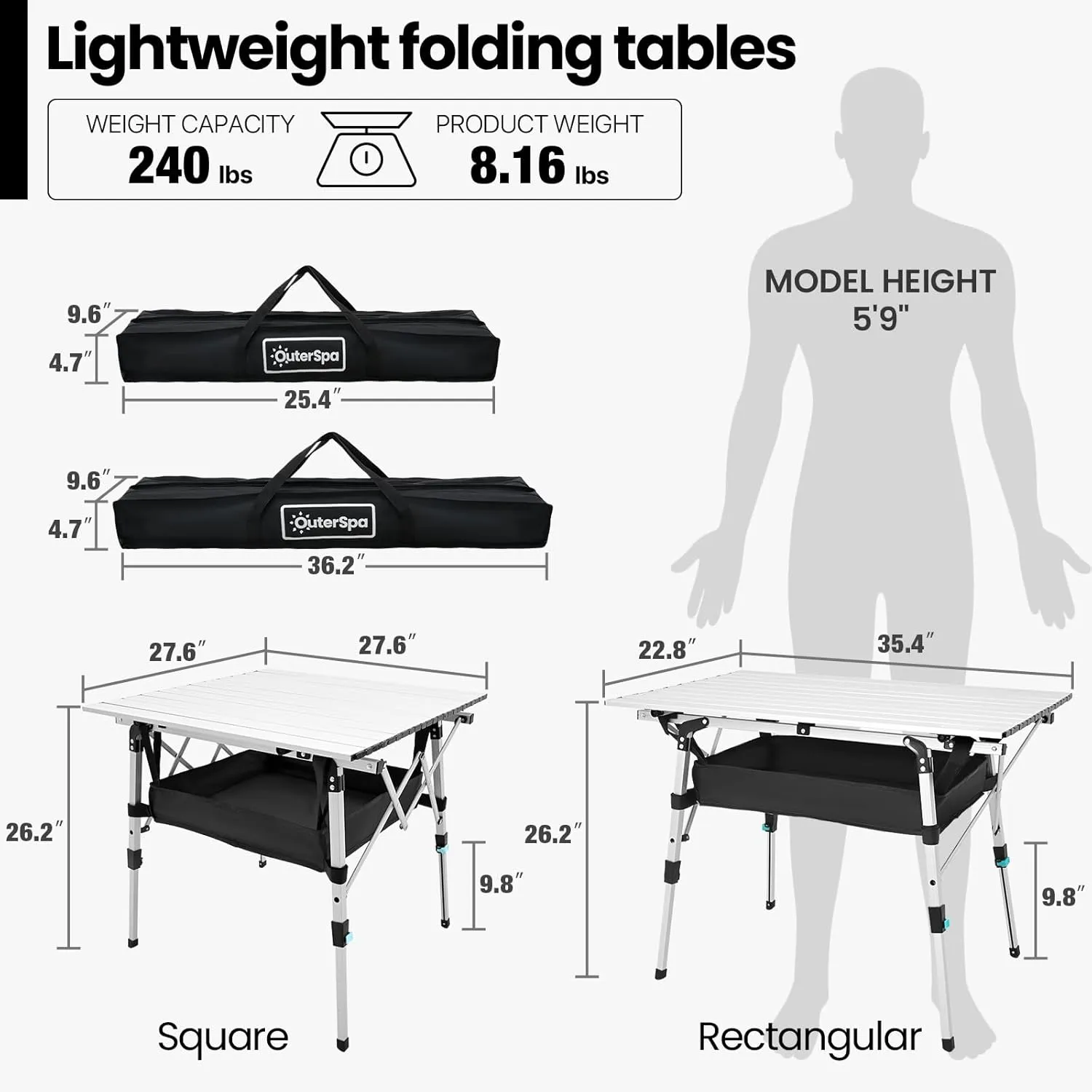 Portable Camping Table with Adjustable Legs, Lightweight Aluminum Folding Table Foldable Table for Outdoor Cooking, Picnic, Beach, Backyards, Rectangular