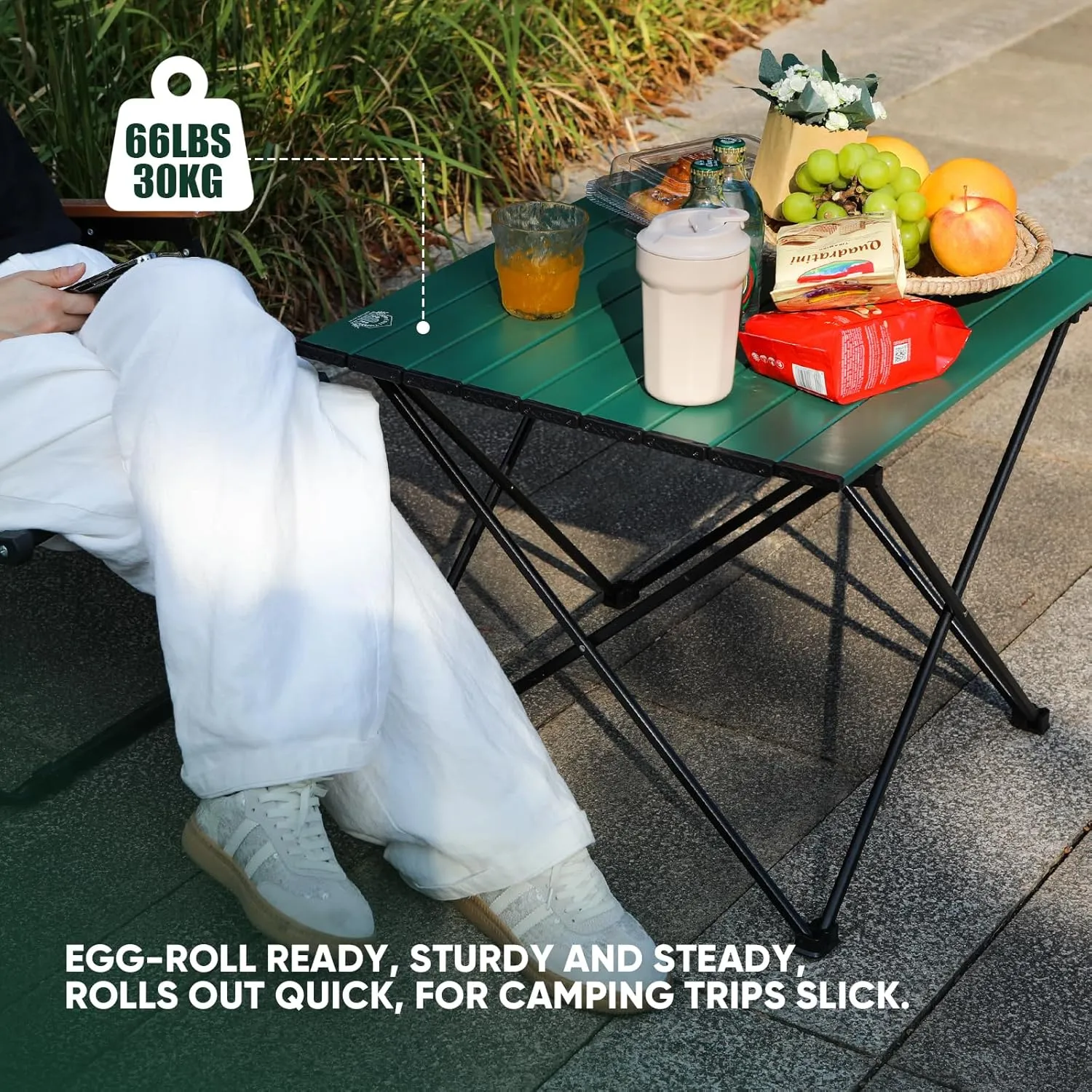 Portable Folding Camping Table, Large Compact Aluminum Beach Picnic Table, Lightweight Collapsible Outdoor Camp Tables That Folds & Rolls Up, Beach Gear Essentials Camp Accessories, Sylvan Green