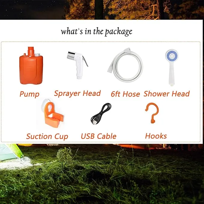 Portable Shower for Camping, Portable Camping Shower, Rechargeable Portable Outdoor Shower Head with Hose, 2 Travel Shower Heads, 6ft Hose