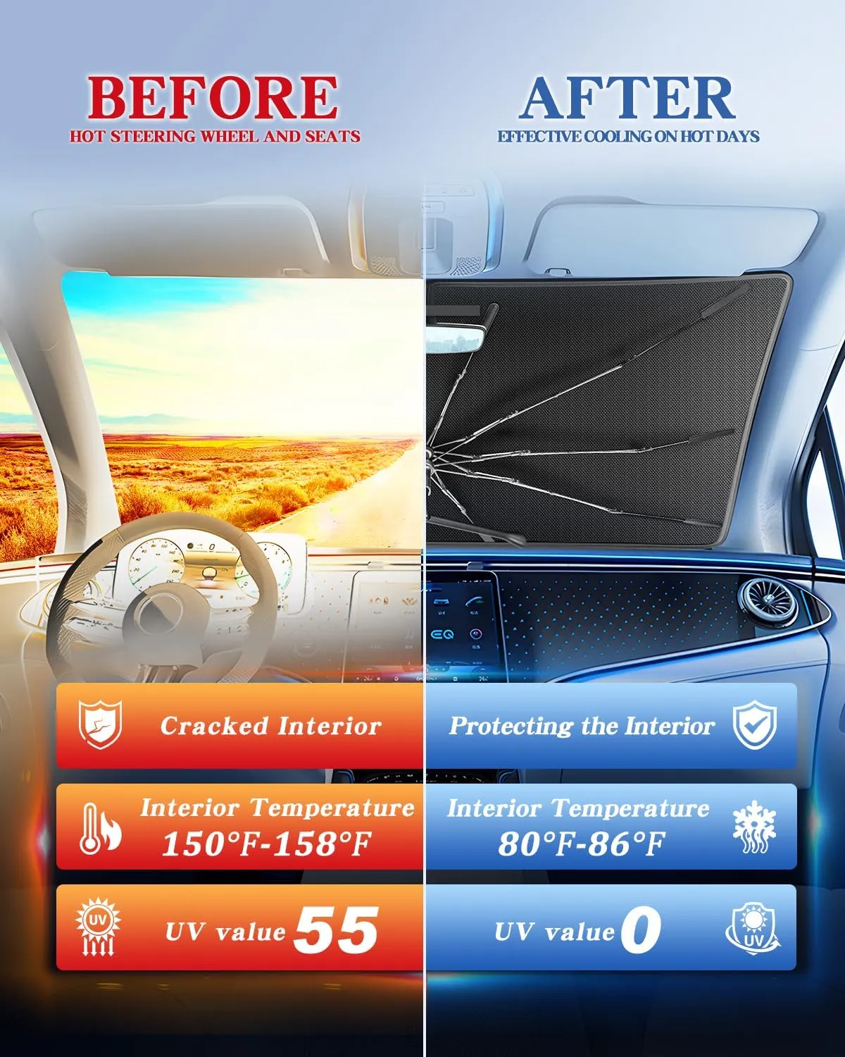 Portable Windshield Sunshade Umbrella for 2024-2025 Toyota Tacoma Models TRD/SR/SR5/limited Series, 2 in1 Ice Crystal Durable Compact Shade Umbrella UPF50  UV Front Window Protection Outdoor Camping