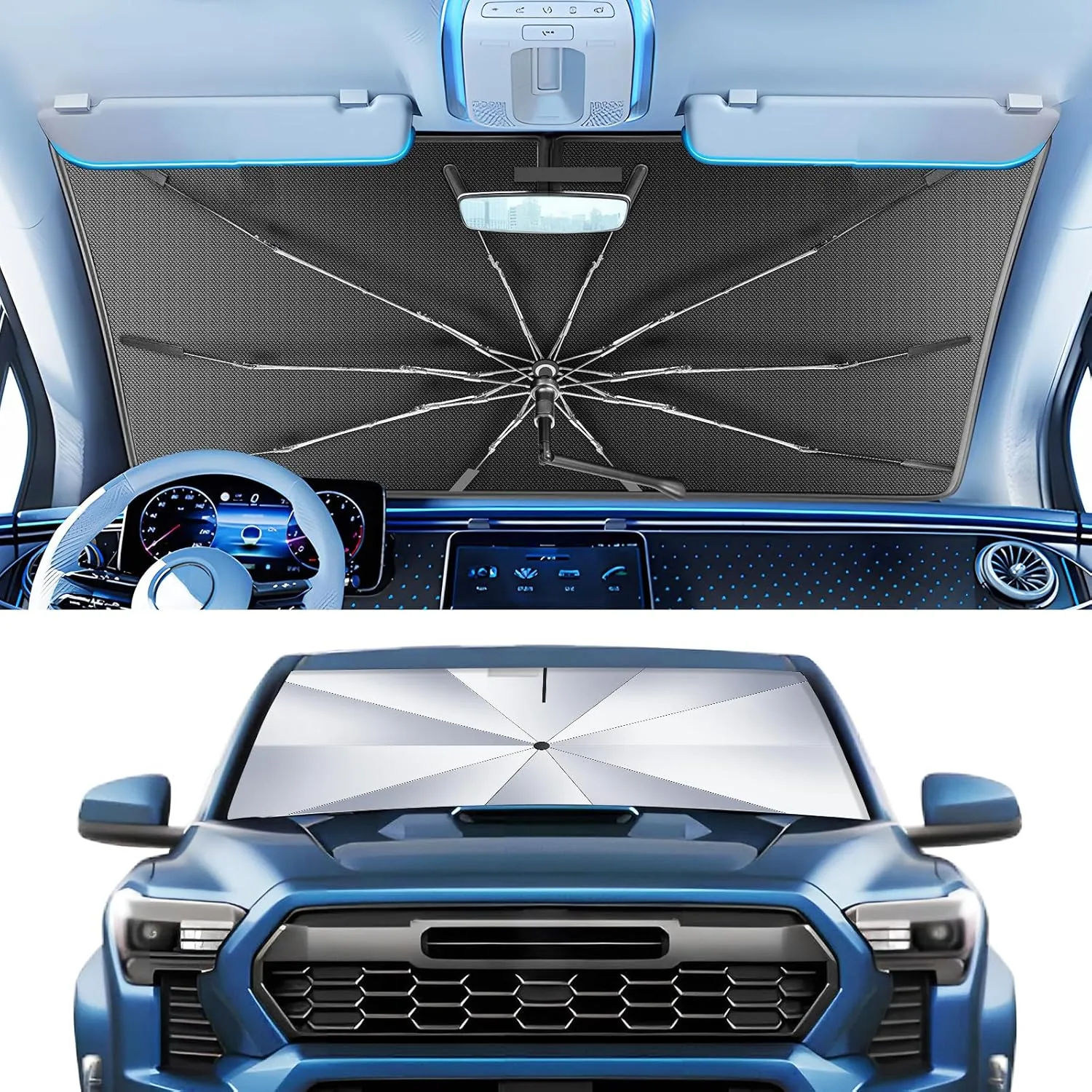 Portable Windshield Sunshade Umbrella for 2024-2025 Toyota Tacoma Models TRD/SR/SR5/limited Series, 2 in1 Ice Crystal Durable Compact Shade Umbrella UPF50  UV Front Window Protection Outdoor Camping
