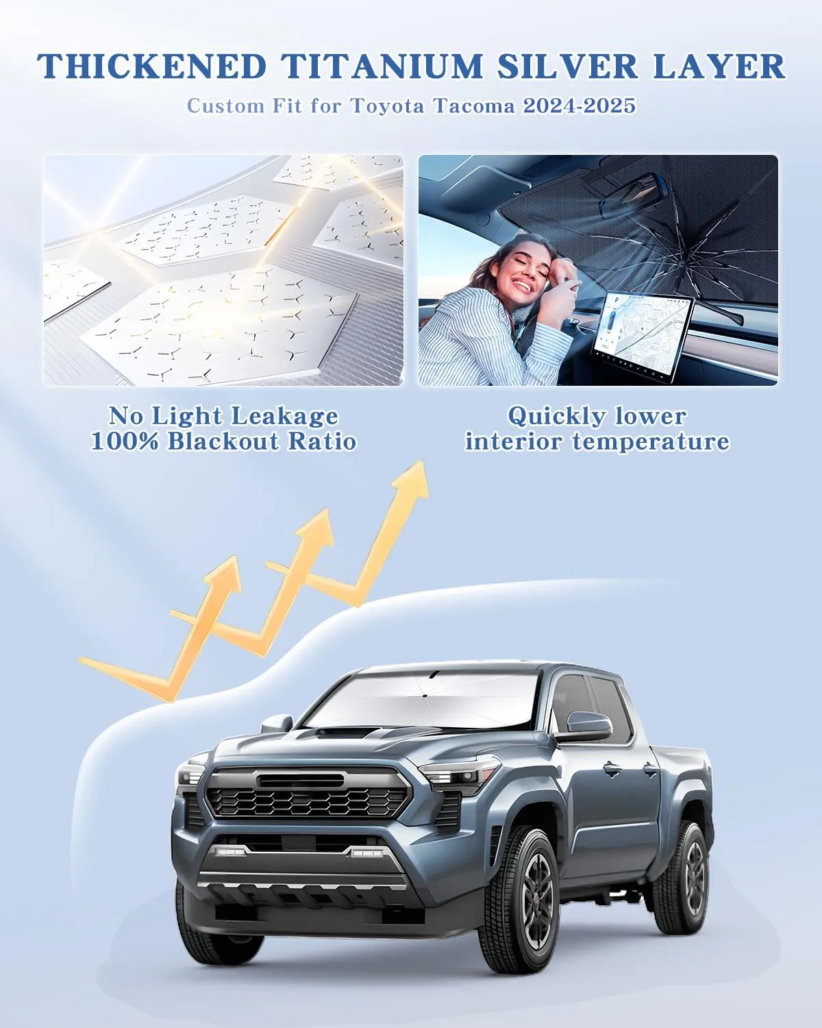 Portable Windshield Sunshade Umbrella for 2024-2025 Toyota Tacoma Models TRD/SR/SR5/limited Series, 2 in1 Ice Crystal Durable Compact Shade Umbrella UPF50  UV Front Window Protection Outdoor Camping