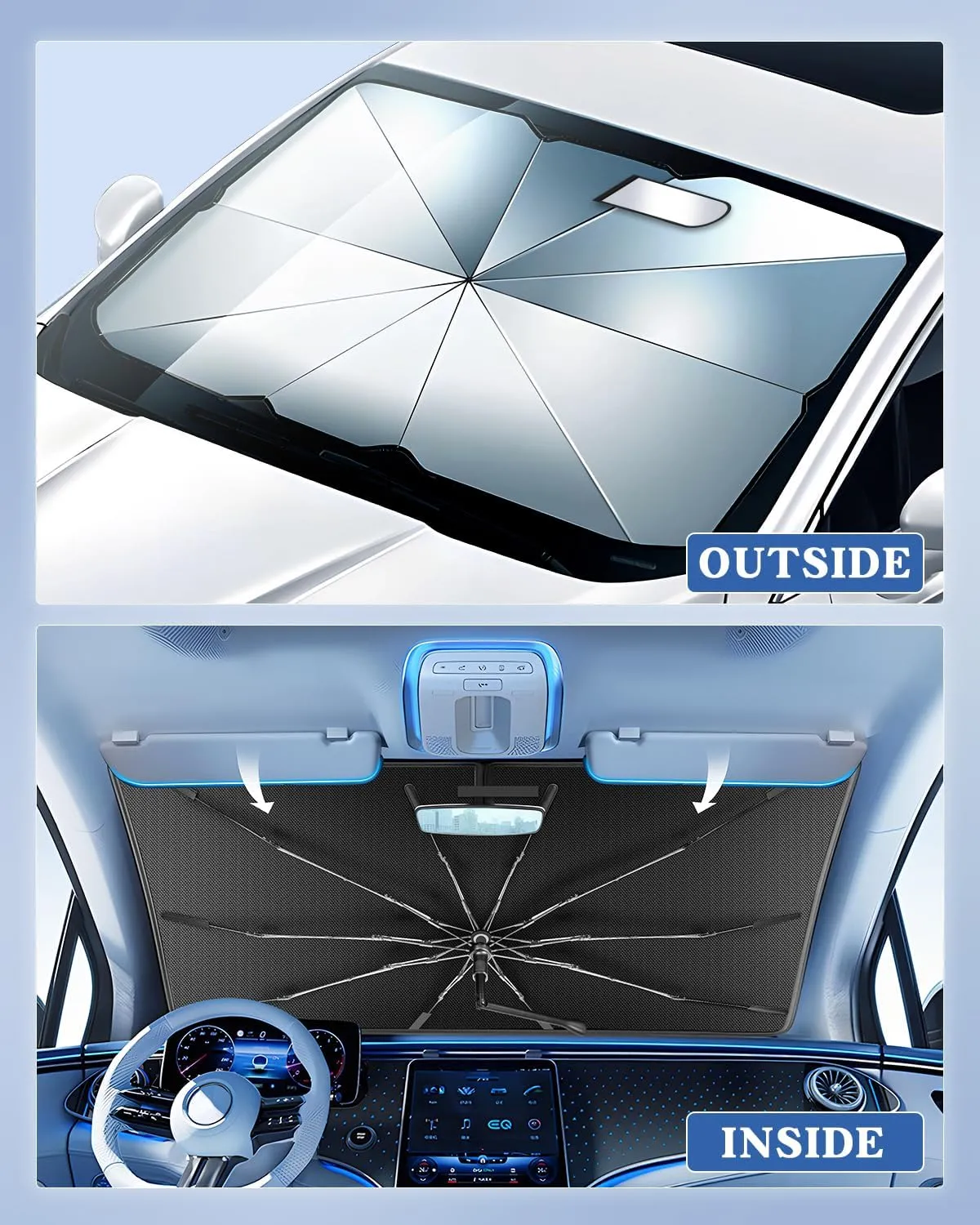 Portable Windshield Sunshade Umbrella for 2024-2025 Toyota Tacoma Models TRD/SR/SR5/limited Series, 2 in1 Ice Crystal Durable Compact Shade Umbrella UPF50  UV Front Window Protection Outdoor Camping