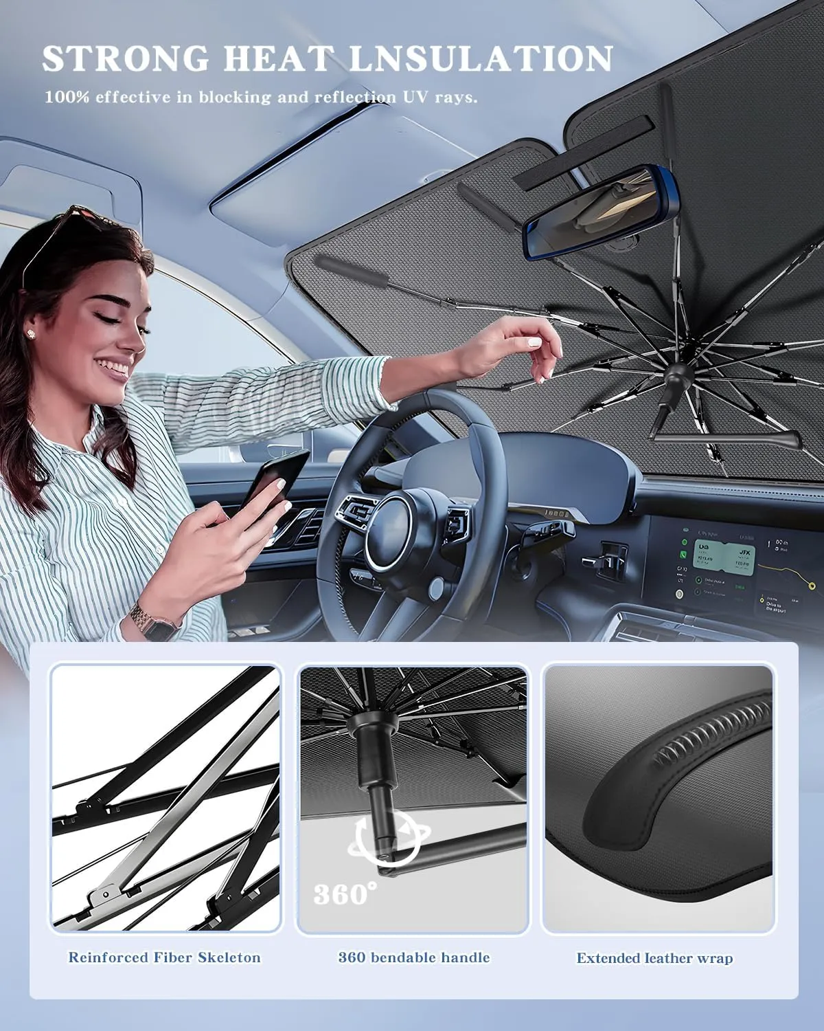 Portable Windshield Sunshade Umbrella for 2024-2025 Toyota Tacoma Models TRD/SR/SR5/limited Series, 2 in1 Ice Crystal Durable Compact Shade Umbrella UPF50  UV Front Window Protection Outdoor Camping