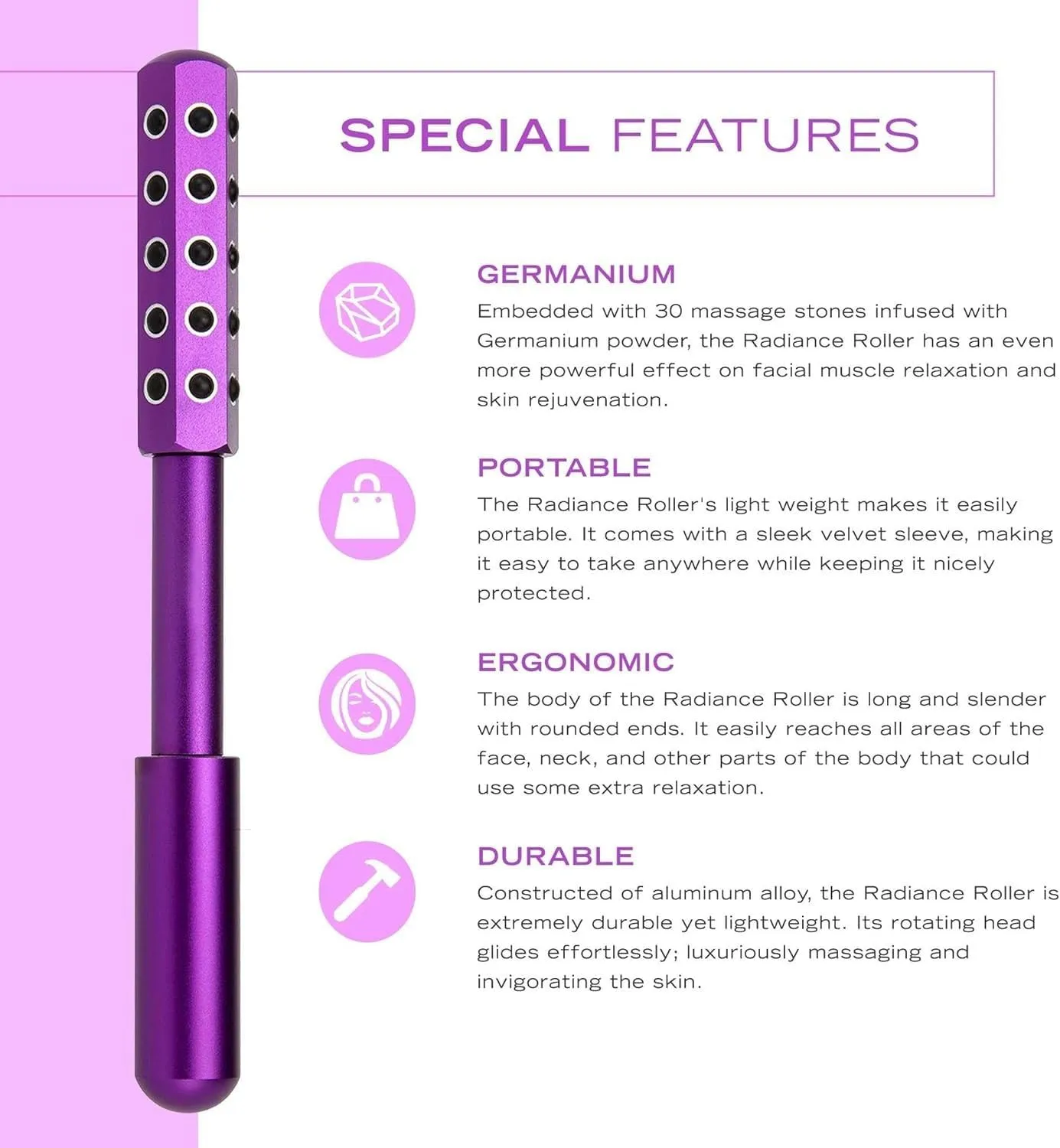 Premium Beauty Roller, Facial Massaging Tool with 30 Germanium Stones, Ice Roller for Face， Up Lifting and Skin Care, Instant Results(Black)