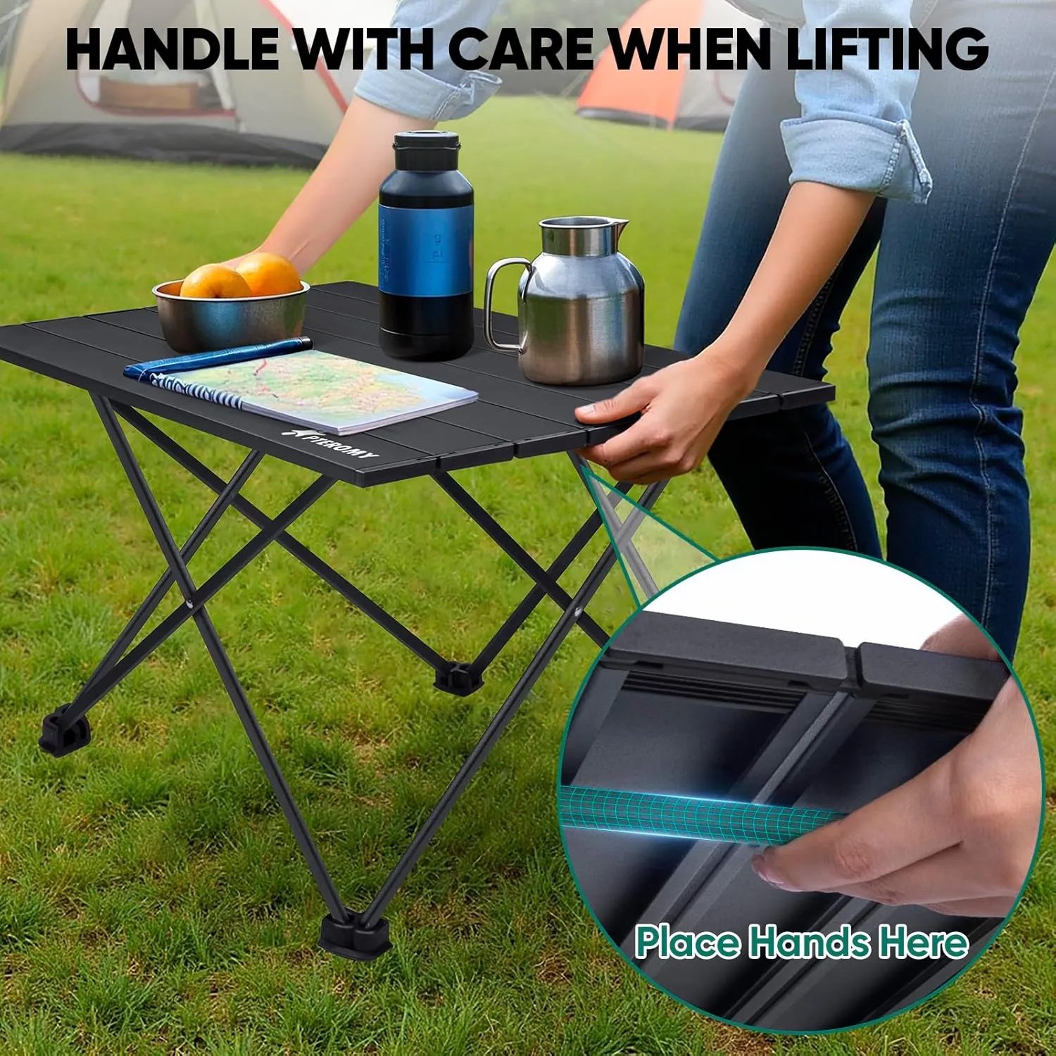 PTEROMY Folding Camping Table, Portable Beach Table with Ultralight Aluminum Tabletop for Travel, Outdoor, Camping, Picnics, and BBQs (Medium, Black)