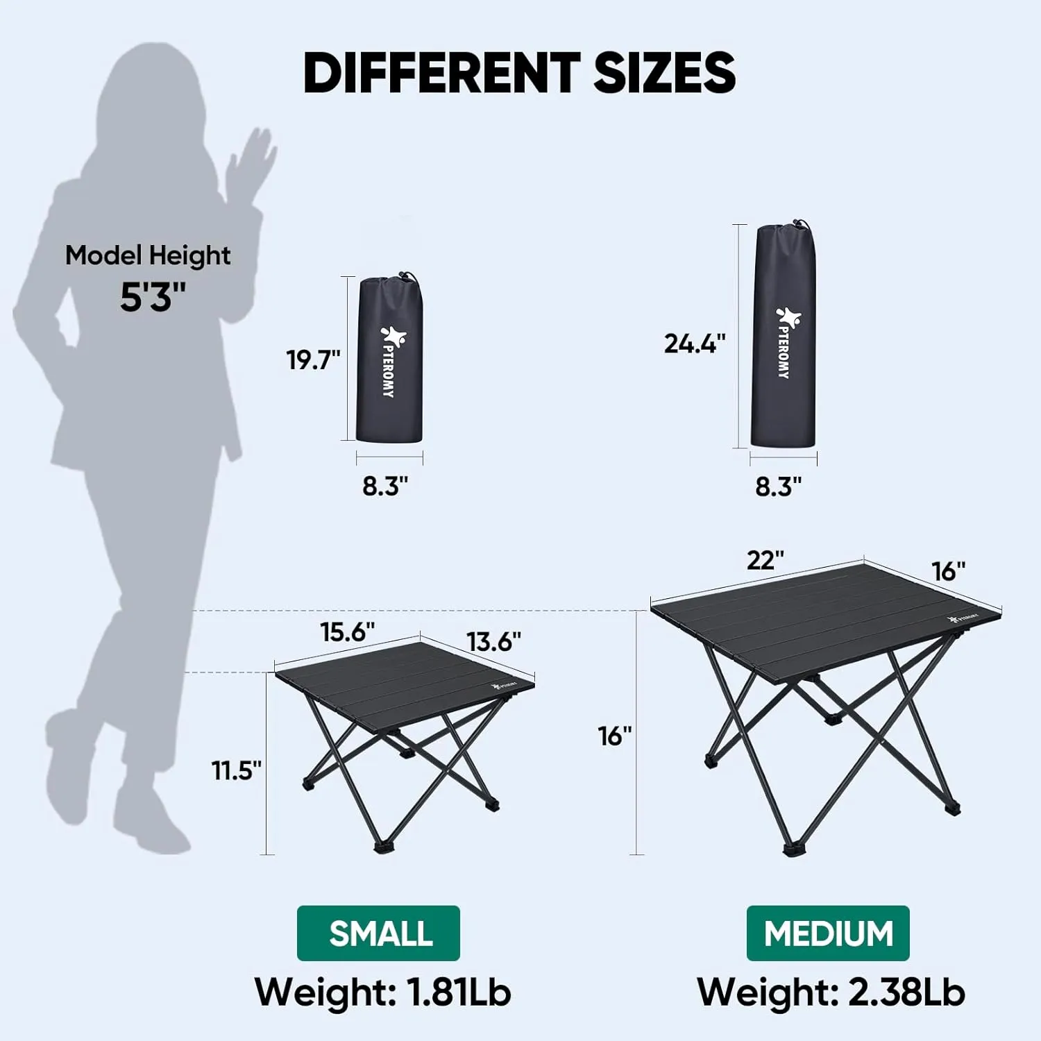 PTEROMY Folding Camping Table, Portable Beach Table with Ultralight Aluminum Tabletop for Travel, Outdoor, Camping, Picnics, and BBQs (Medium, Black)