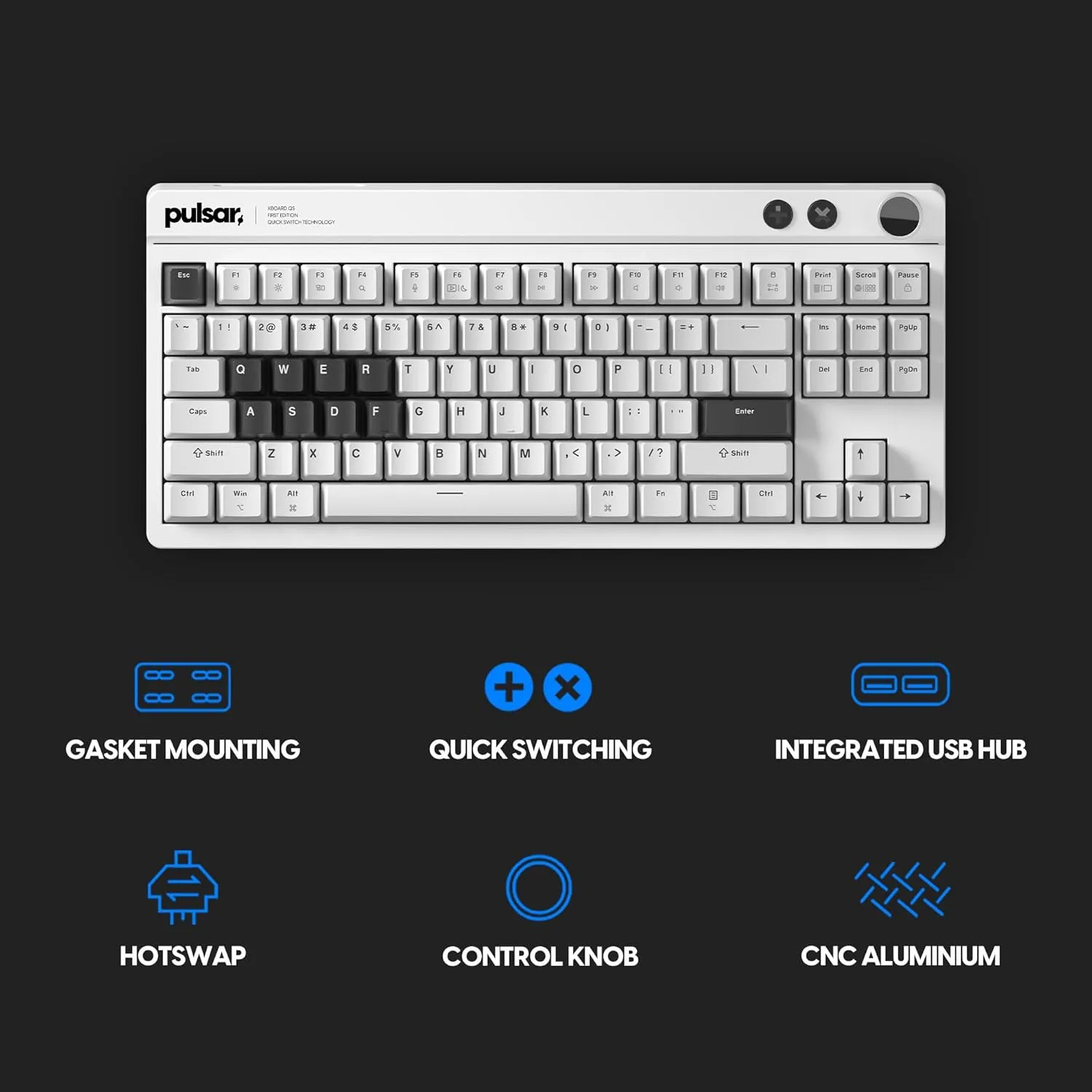 Pulsar XBOARD QS Mechanical Gaming Keyboard – QMK/VIA, Hot Swappable Linear Switch, TKL Layout Gasket Mount, Aluminum Frame, RGB LED Backlit, Knob, Dual PC Quick Switch for Mac/Windows (White)