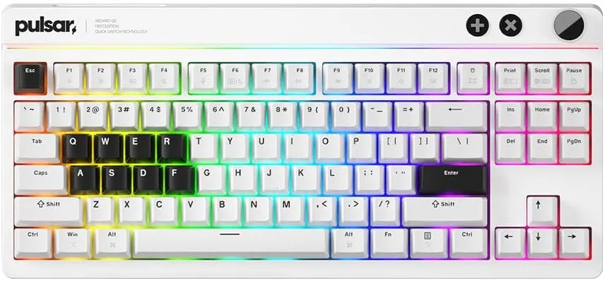 Pulsar XBOARD QS Mechanical Gaming Keyboard – QMK/VIA, Hot Swappable Linear Switch, TKL Layout Gasket Mount, Aluminum Frame, RGB LED Backlit, Knob, Dual PC Quick Switch for Mac/Windows (White)