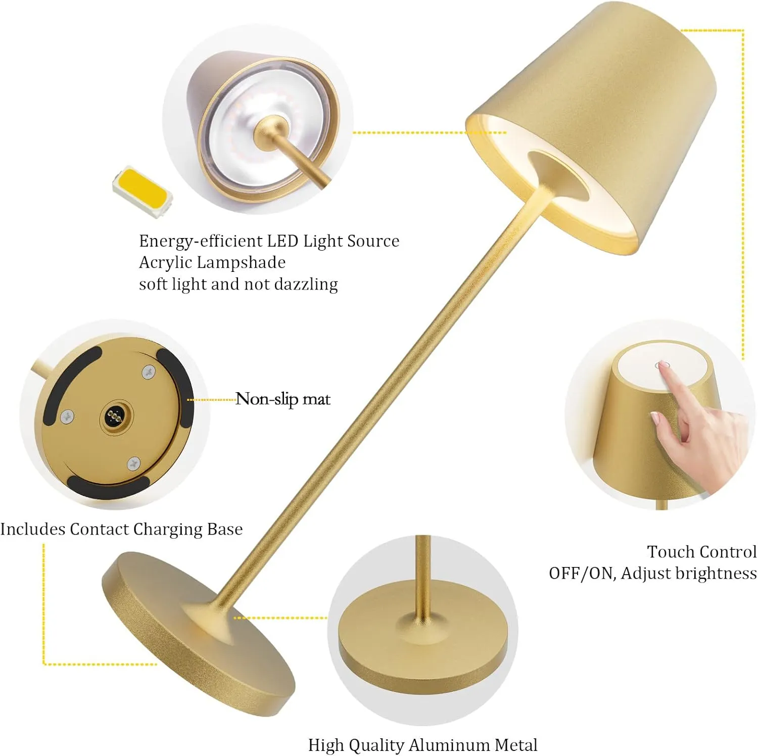 Ralbay IP54 Aluminum Cordless Rechargeable Table Lamp LED Modern Battery Operated 4800mAh Waterproof Portable Stepless Dimmable Desk Lamp for Restaurant/Bedroom/Camping/Outdoor (Gold)