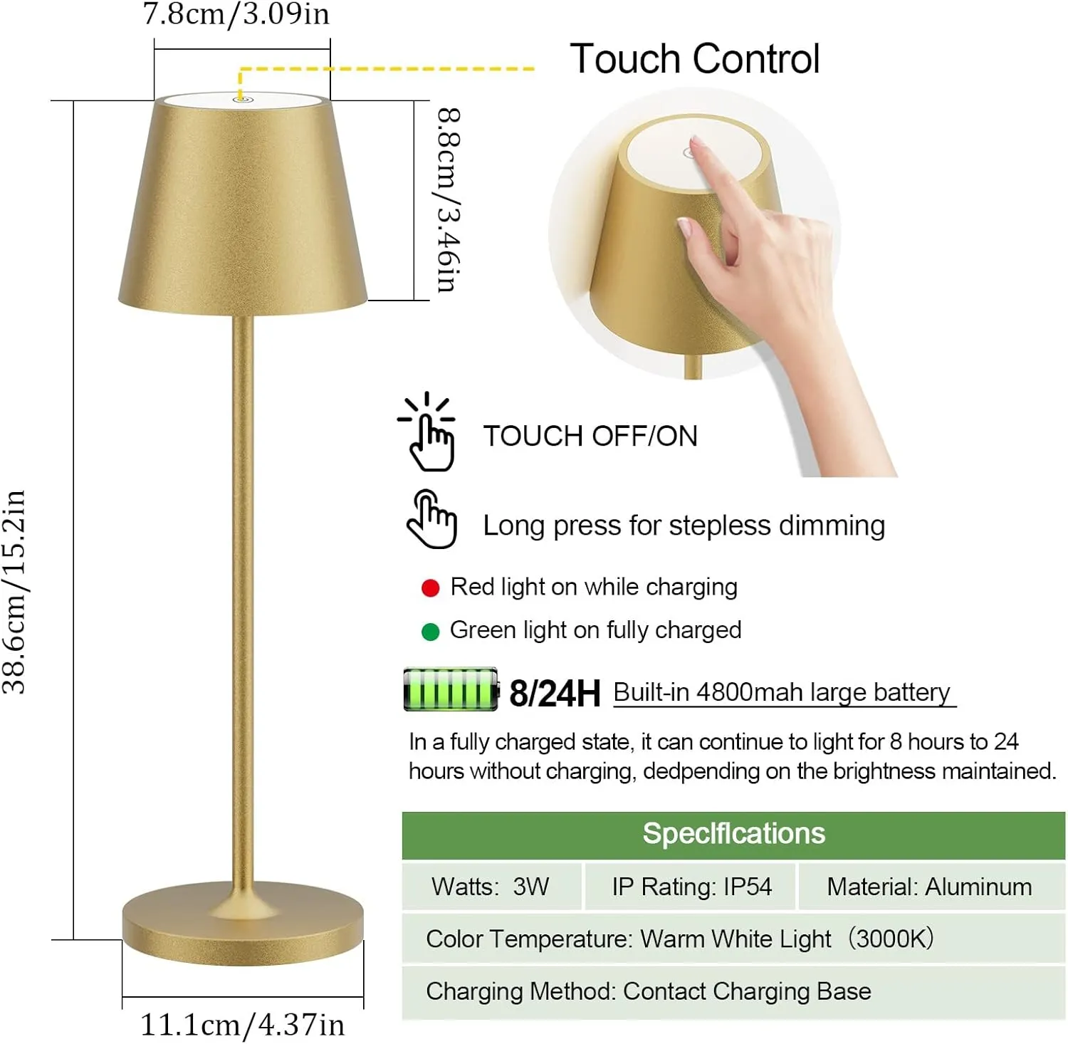 Ralbay IP54 Aluminum Cordless Rechargeable Table Lamp LED Modern Battery Operated 4800mAh Waterproof Portable Stepless Dimmable Desk Lamp for Restaurant/Bedroom/Camping/Outdoor (Gold)