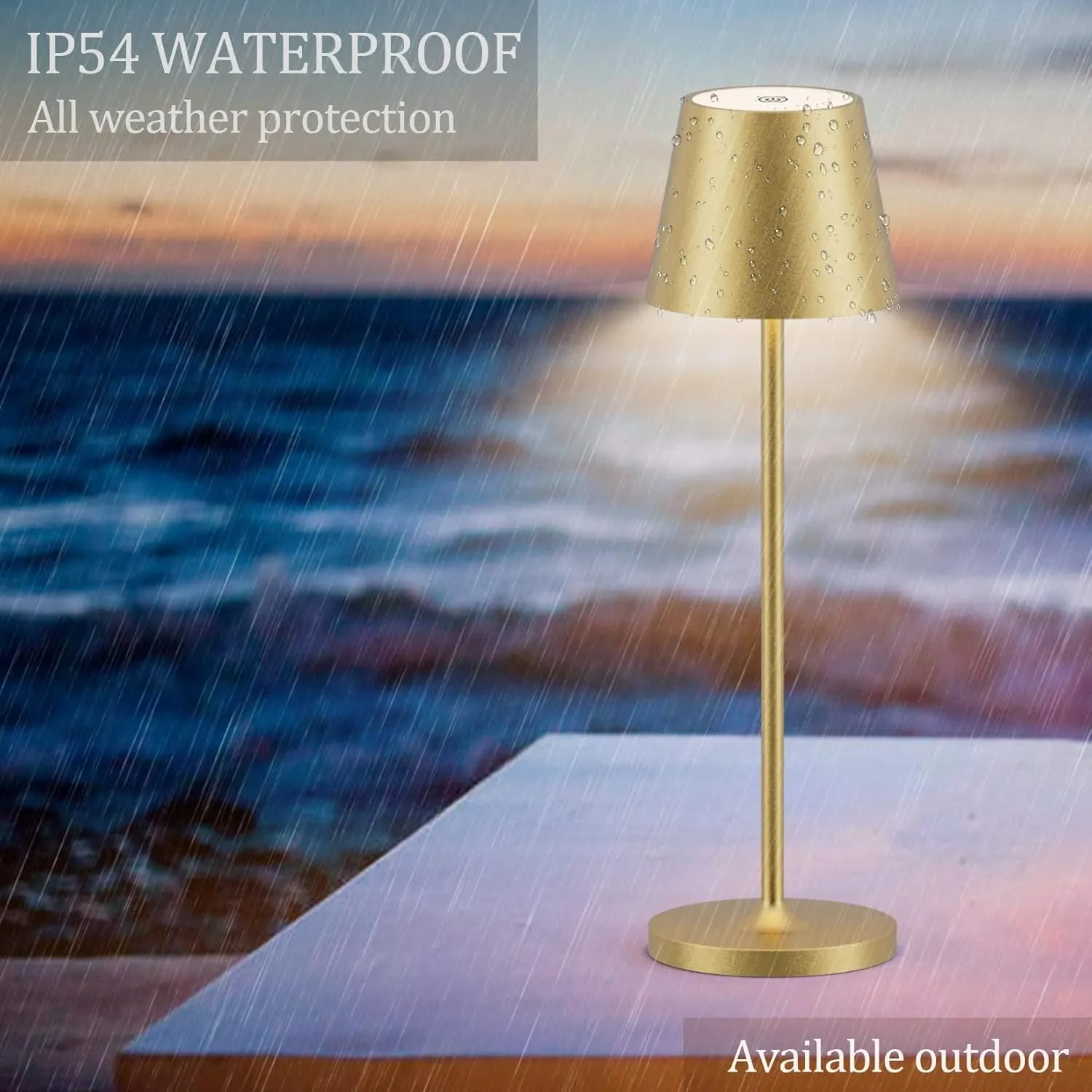 Ralbay IP54 Aluminum Cordless Rechargeable Table Lamp LED Modern Battery Operated 4800mAh Waterproof Portable Stepless Dimmable Desk Lamp for Restaurant/Bedroom/Camping/Outdoor (Gold)
