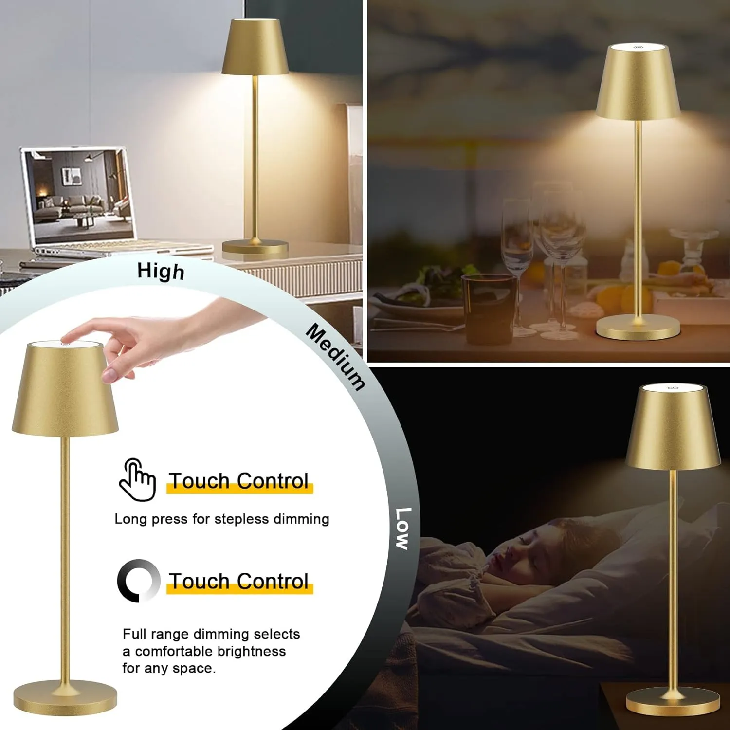 Ralbay IP54 Aluminum Cordless Rechargeable Table Lamp LED Modern Battery Operated 4800mAh Waterproof Portable Stepless Dimmable Desk Lamp for Restaurant/Bedroom/Camping/Outdoor (Gold)
