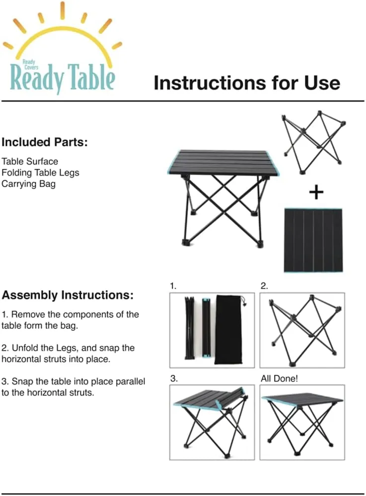 Ready Table Large Lightweight Portable Outdoor Folding Table w/Aluminum Hard Top. Useful for Beaches, Boating, Camping & More. 22x16 Portable Table w/Bag Makes for Easy Travel & Quick Setup.