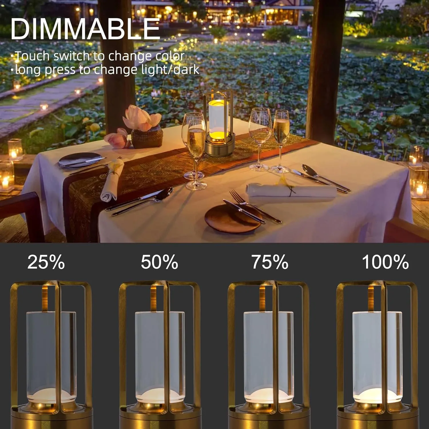 Rechargeable Cordless LED Table Lamp - Waterproof Portable Touch Dimmable Desk Light for Outdoor, Camping, Patio, Bedroom, Living Room - Night Light with Long Battery Life (Gold)