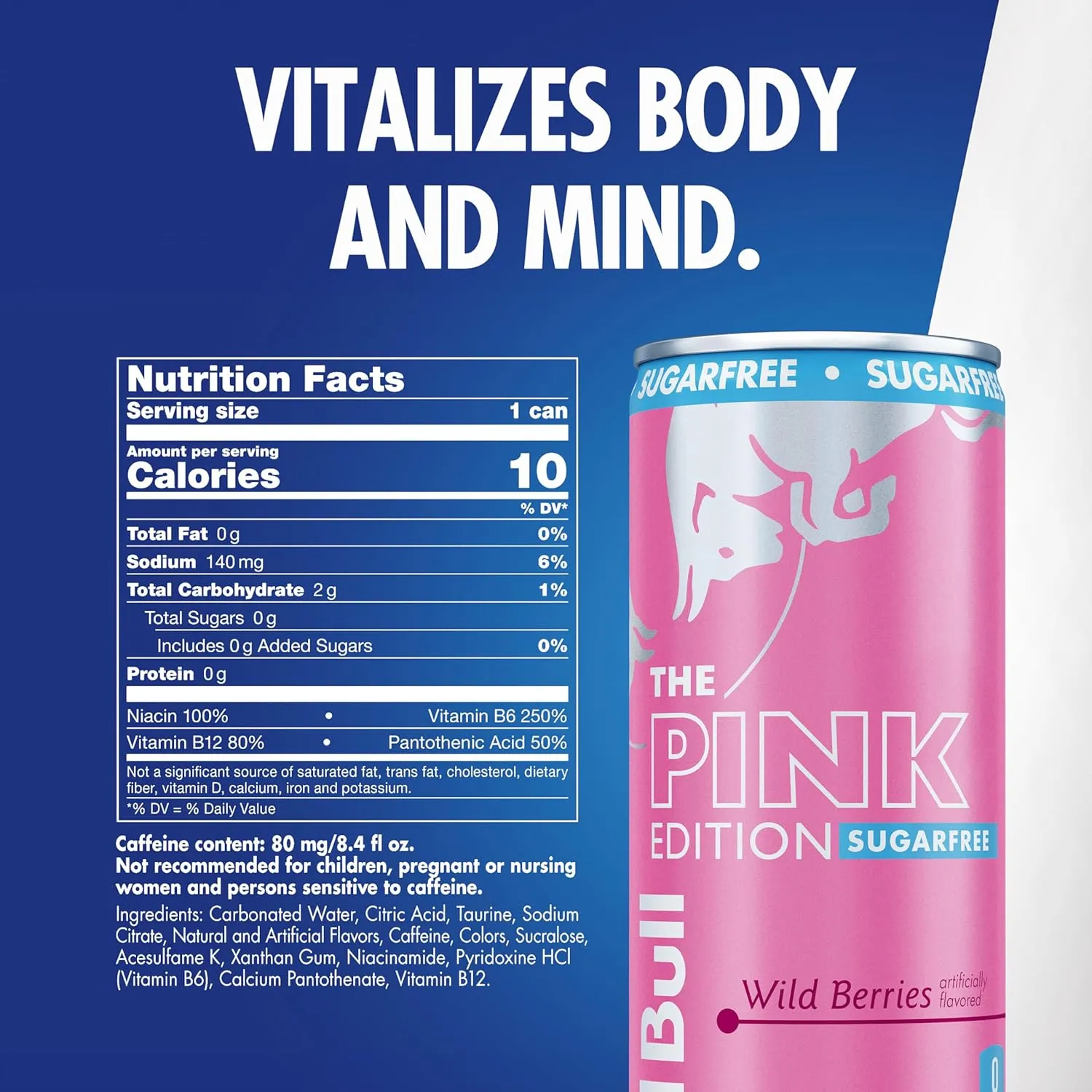Red Bull Pink Edition Sugar Free Energy Drink, Wild Berries, 8.4 fl. oz., 6 x 4 Cans, Pack of 24 Cans, with 80mg Caffeine, Taurine & B Vitamins