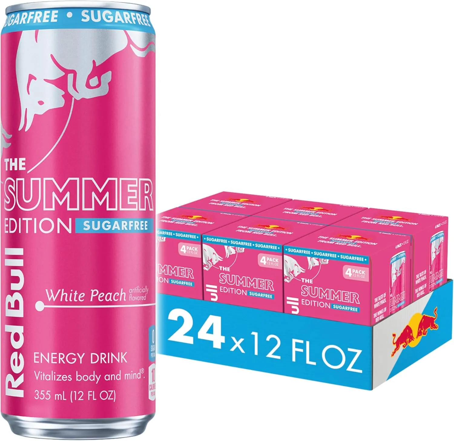 Red Bull Summer Edition Sugarfree Energy Drink, White Peach, 12 fl. oz., 6 x 4 Cans, Pack of 24 Cans, with 114mg Caffeine, Taurine & B Vitamins