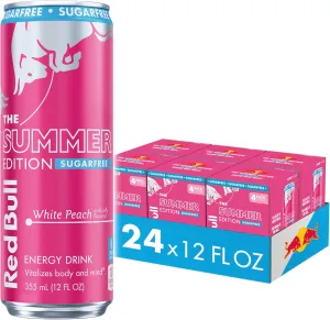 Red Bull Summer Edition Sugarfree Energy Drink, White Peach, 12 fl. oz., 6 x 4 Cans, Pack of 24 Cans, with 114mg Caffeine, Taurine & B Vitamins
