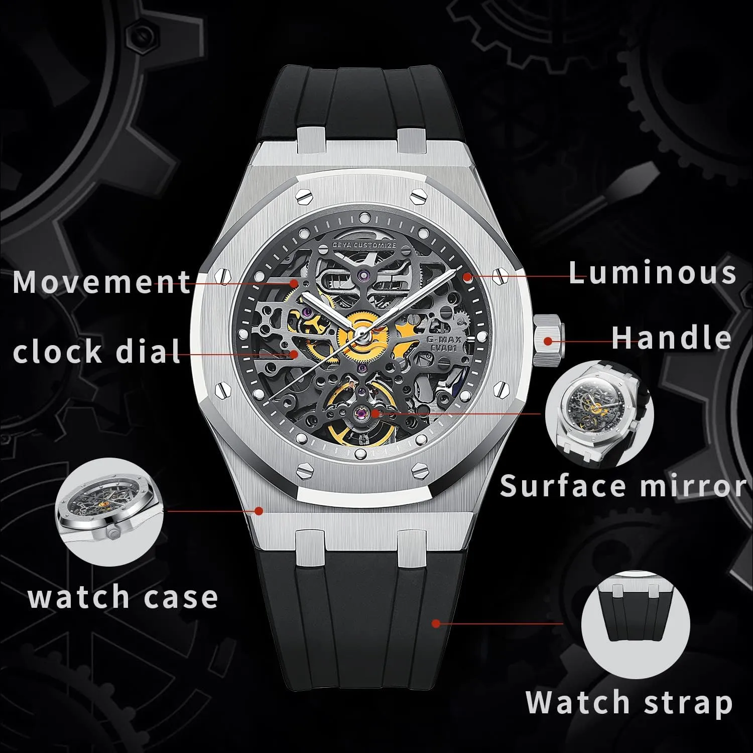 Redhai Automatic Mechanical Watch Skeleton Stainless 50M Waterproof Anti Shock Casual Diver Men Wrist Watch Sterling Watches Chronograph Analog Business Casual Fashion Adjustable Silicone Band