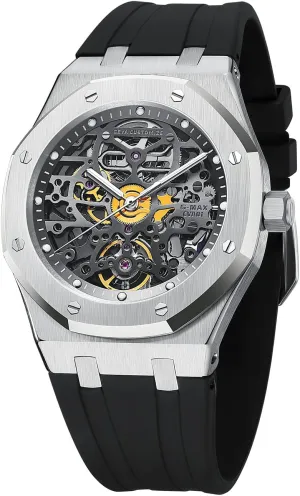 Redhai Automatic Mechanical Watch Skeleton Stainless 50M Waterproof Anti Shock Casual Diver Men Wrist Watch Sterling Watches Chronograph Analog Business Casual Fashion Adjustable Silicone Band