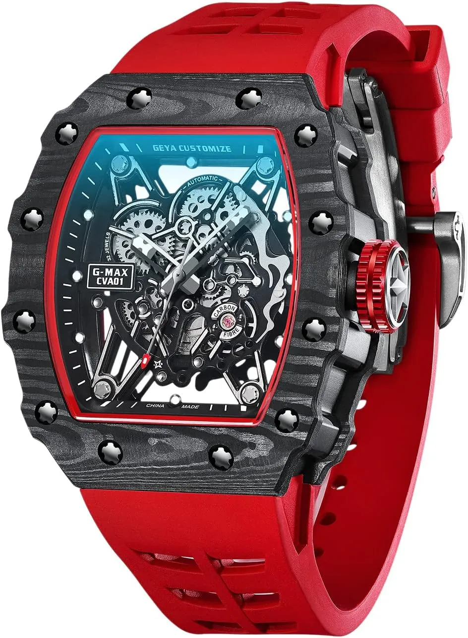 Redhai Automatic Mechanical Watch Skeleton Stainless 50M Waterproof Anti Shock Casual Diver Men Wrist Watch Sterling Watches Chronograph Analog Business Casual Fashion Adjustable Silicone Band