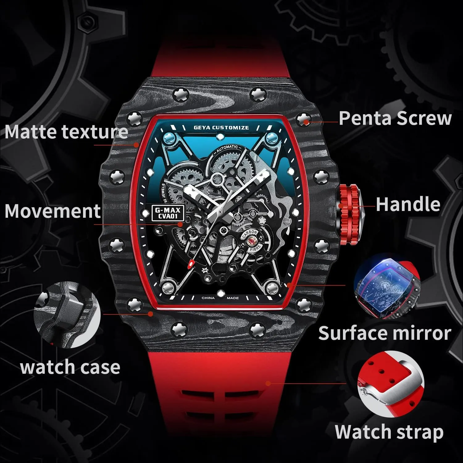 Redhai Automatic Mechanical Watch Skeleton Stainless 50M Waterproof Anti Shock Casual Diver Men Wrist Watch Sterling Watches Chronograph Analog Business Casual Fashion Adjustable Silicone Band