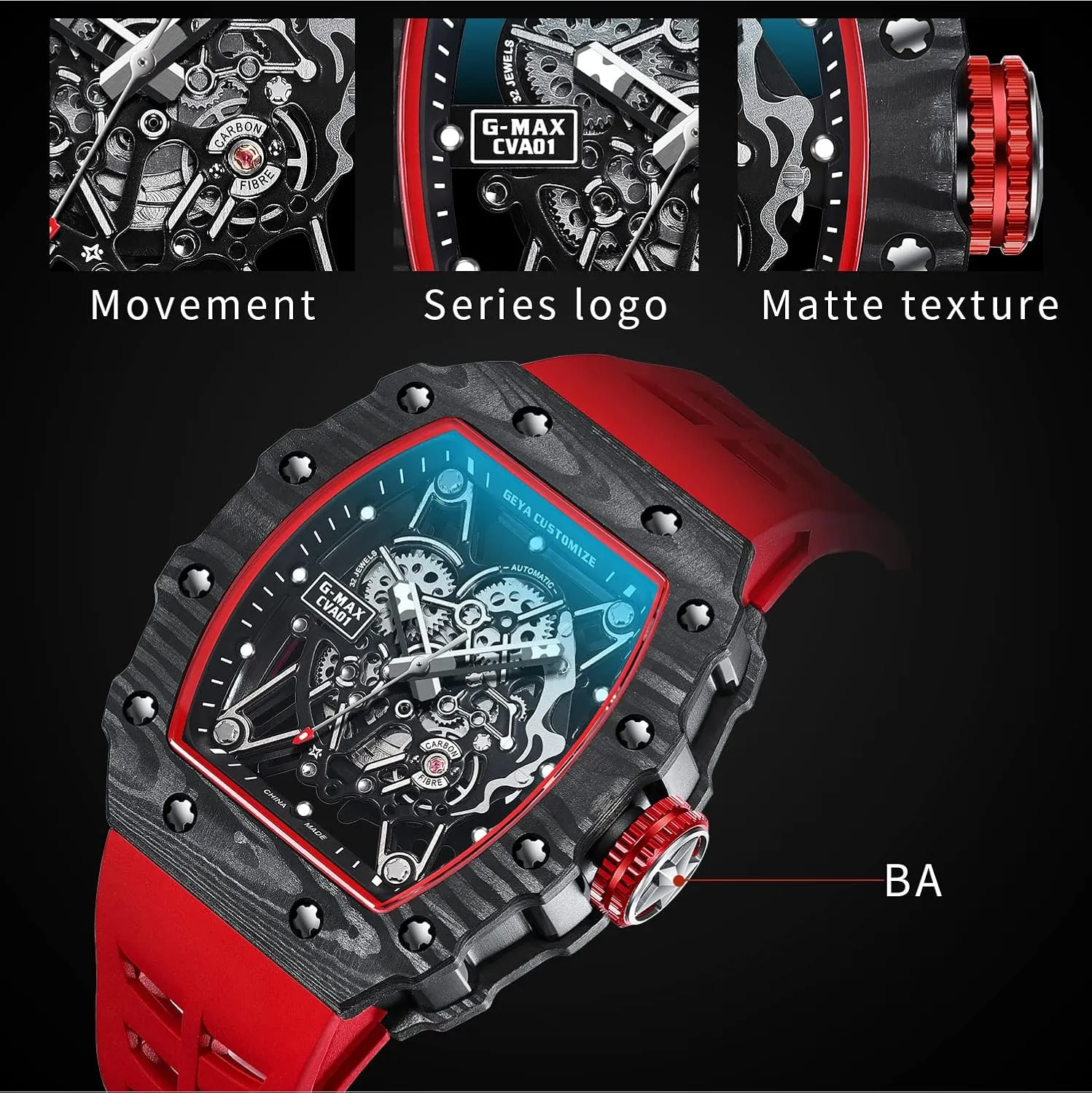 Redhai Automatic Mechanical Watch Skeleton Stainless 50M Waterproof Anti Shock Casual Diver Men Wrist Watch Sterling Watches Chronograph Analog Business Casual Fashion Adjustable Silicone Band