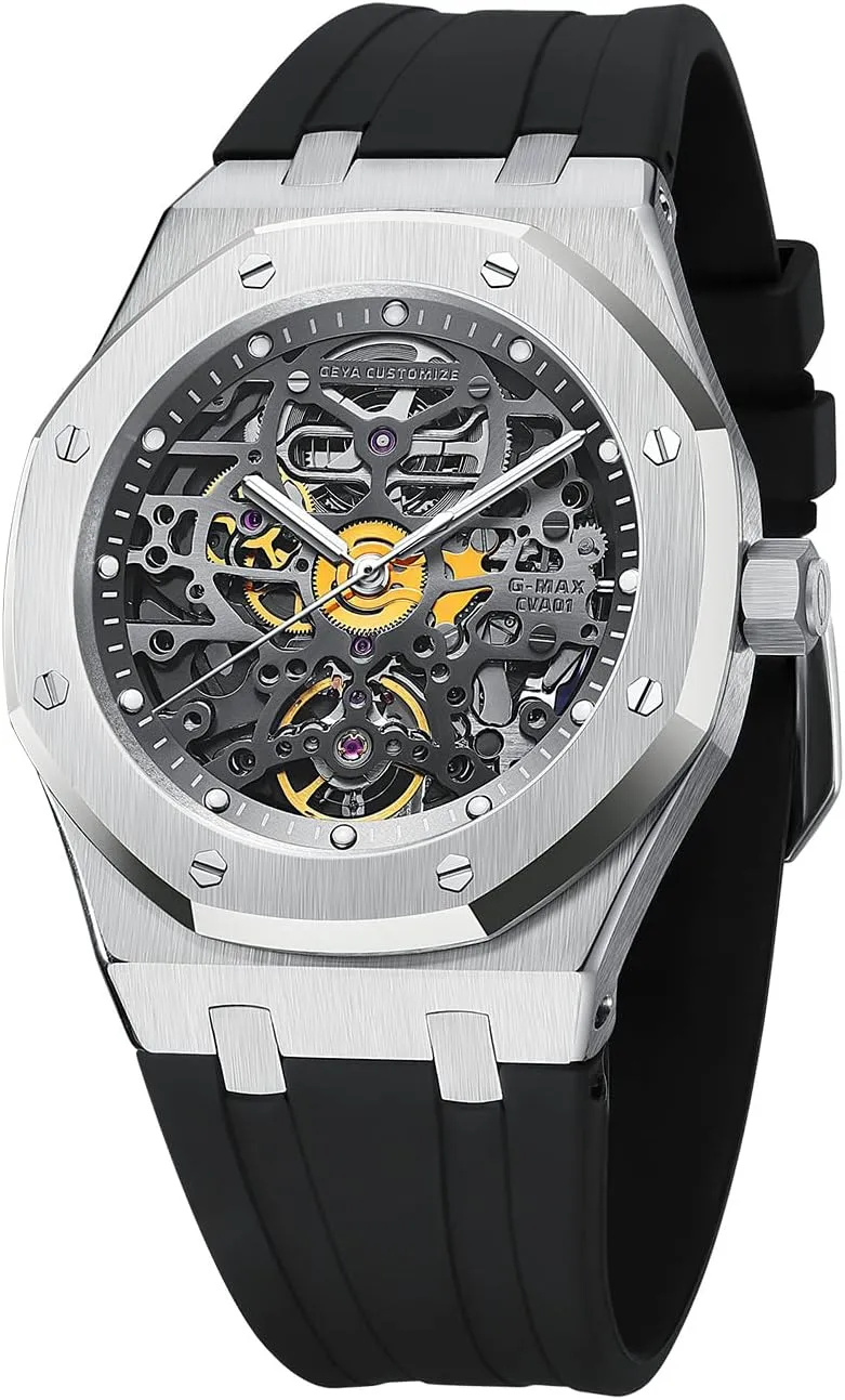 Redhai Automatic Mechanical Watch Skeleton Stainless 50M Waterproof Anti Shock Casual Diver Men Wrist Watch Sterling Watches Chronograph Analog Business Casual Fashion Adjustable Silicone Band