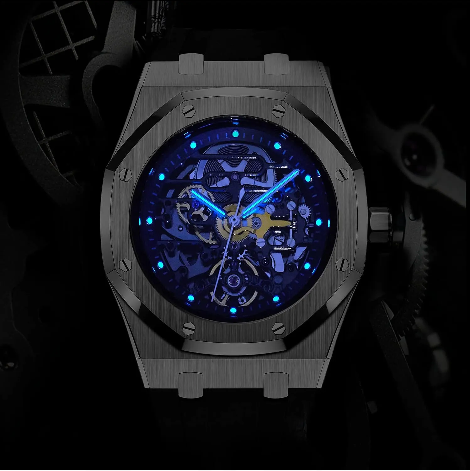 Redhai Automatic Mechanical Watch Skeleton Stainless 50M Waterproof Anti Shock Casual Diver Men Wrist Watch Sterling Watches Chronograph Analog Business Casual Fashion Adjustable Silicone Band