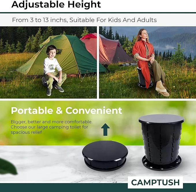 Retractable Portable Toilet for Camping - Large & Height Adjustable - Foldable Camping Toilet for Hiking/Travel | Portable Potty for Adults, Kids and Outdoor Car Camp