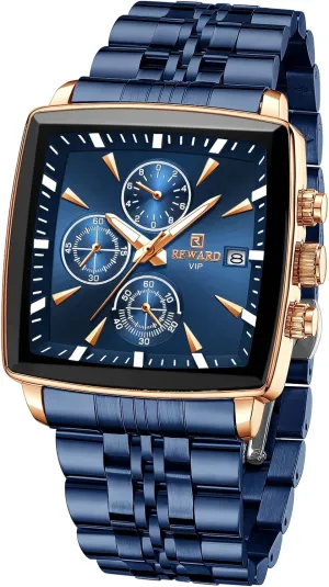 REWARD Square Mens Watch Business Quartz Wrist Watches for Men Chronograph Luminous Waterproof Man Wristwatch Blue