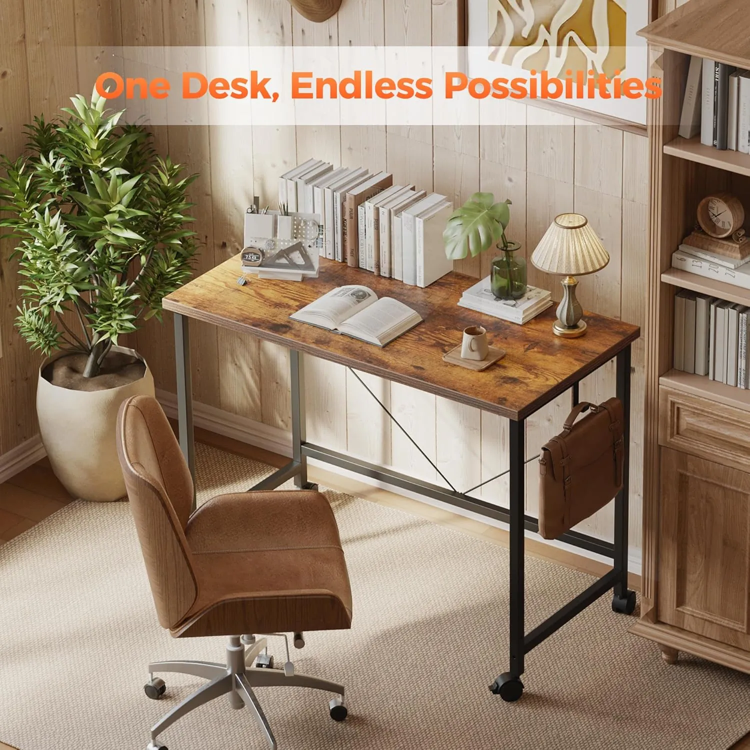 Rolling Computer Desk with Wheels, Gaming Desk for Small Spaces, Modern Simple Style Table for Home Office, Study Writing Table (Rustic Brown, 32 inch)