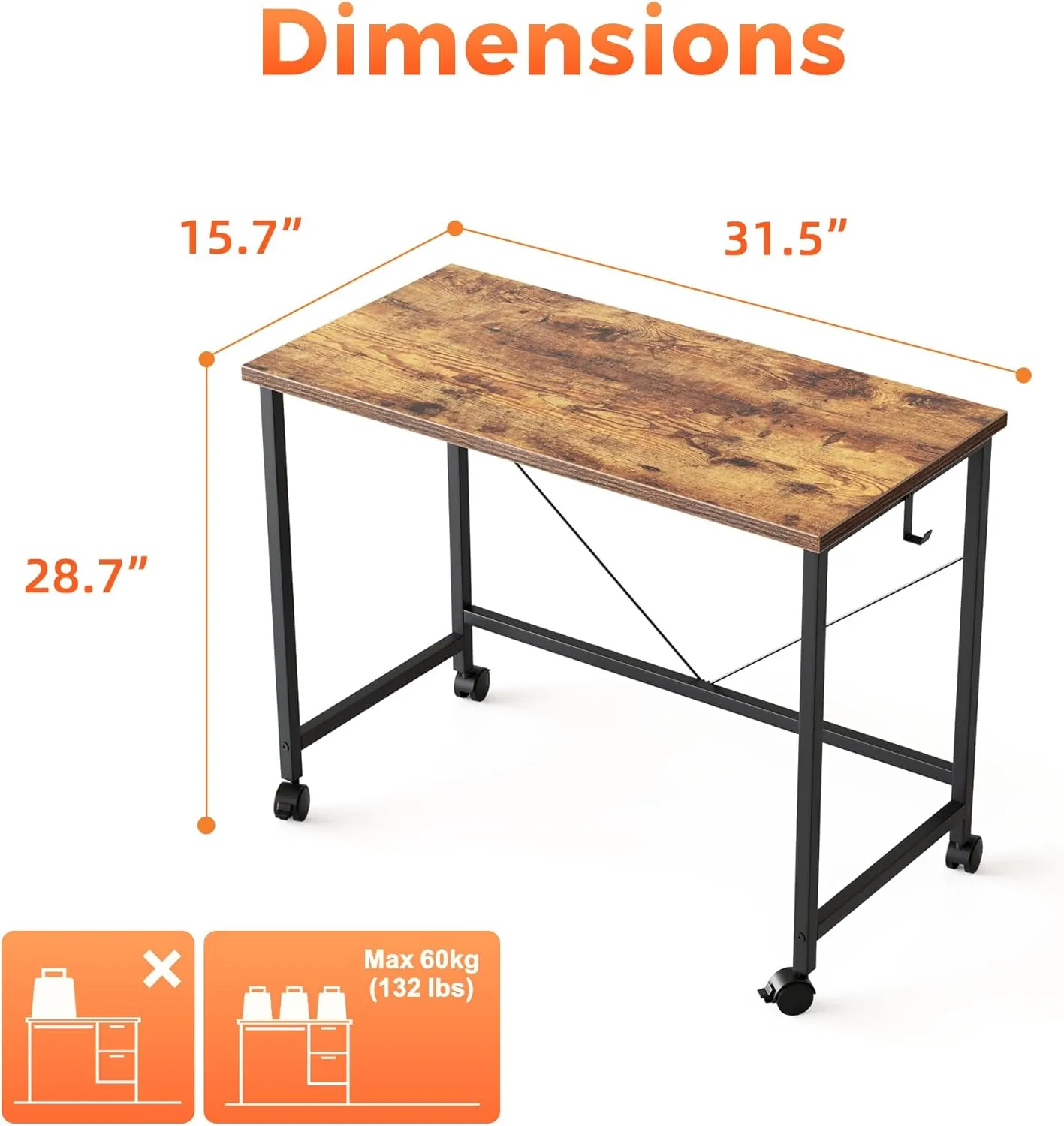 Rolling Computer Desk with Wheels, Gaming Desk for Small Spaces, Modern Simple Style Table for Home Office, Study Writing Table (Rustic Brown, 32 inch)