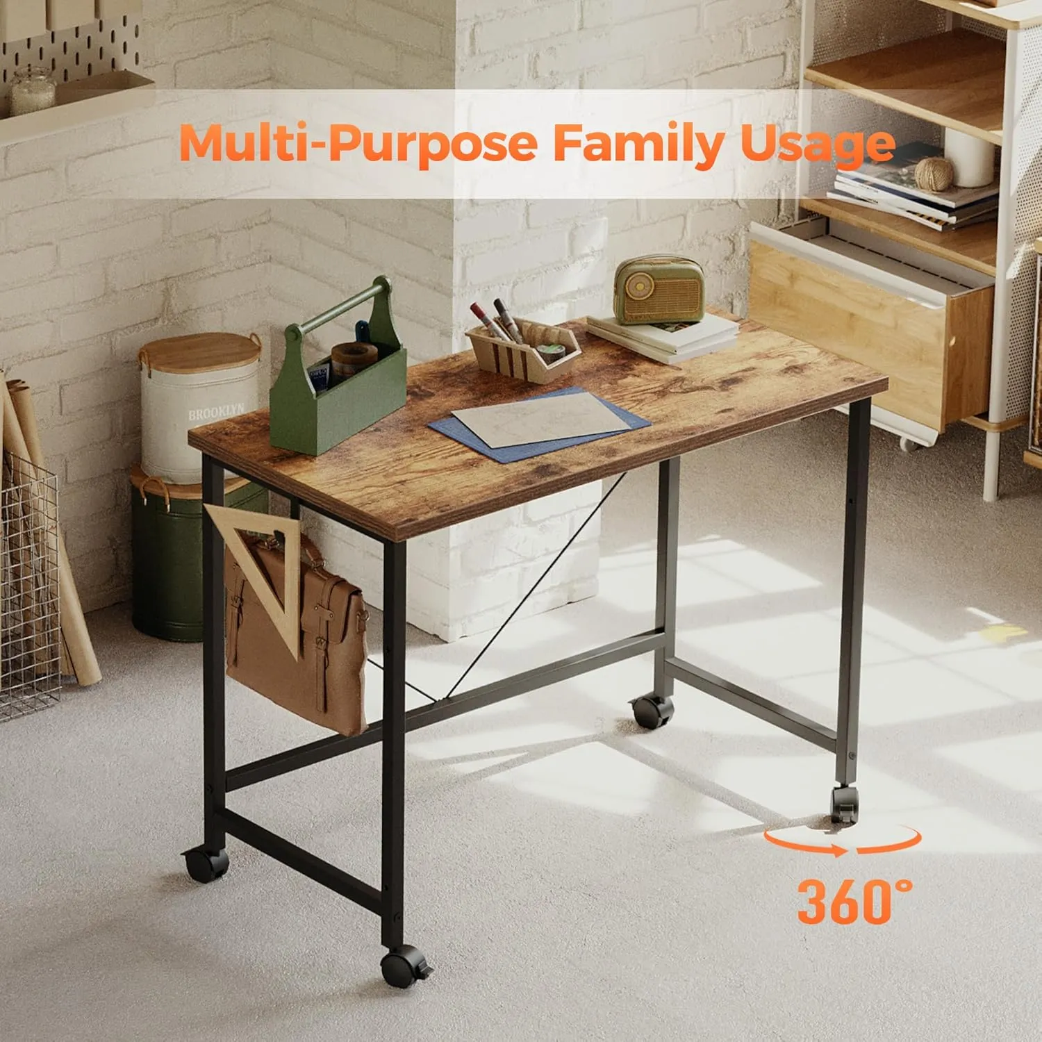 Rolling Computer Desk with Wheels, Gaming Desk for Small Spaces, Modern Simple Style Table for Home Office, Study Writing Table (Rustic Brown, 32 inch)