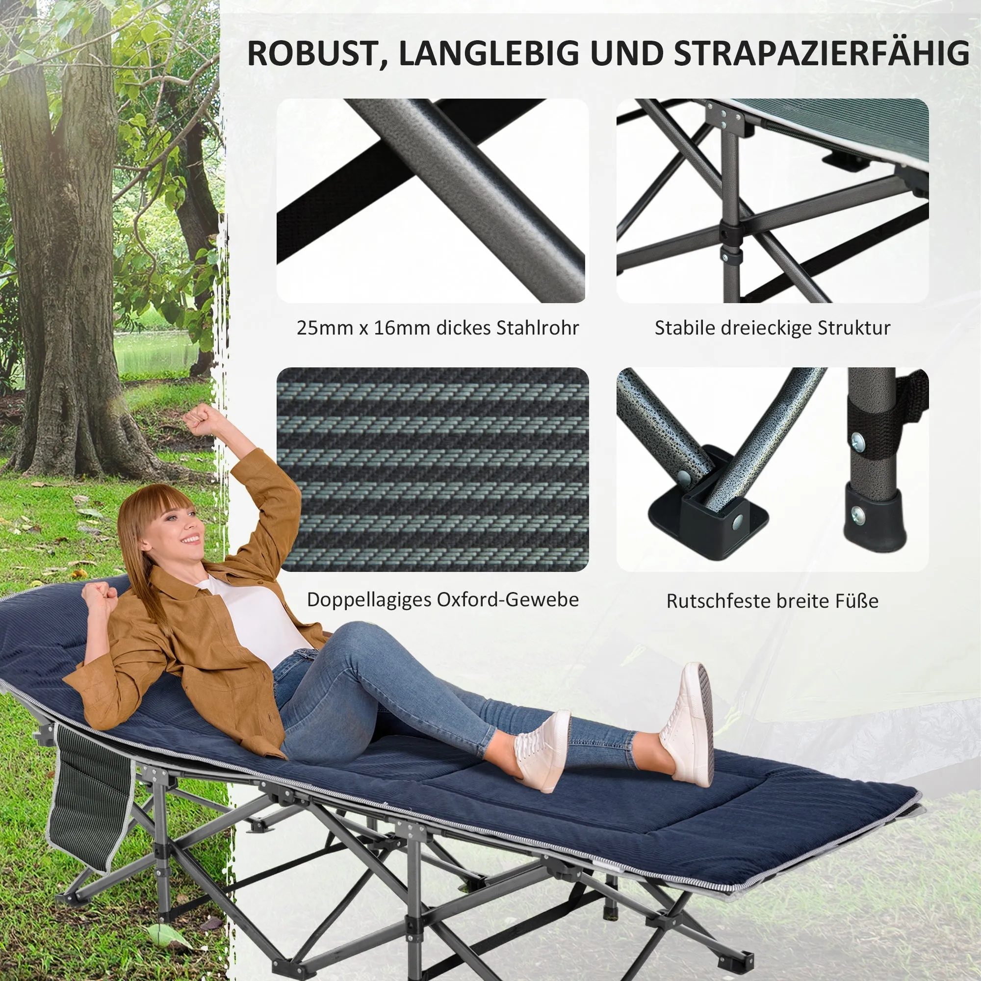 Rootz Foldable Camping Bed - Field Bed - Portable Bed - Durable Oxford Fabric - 188 x 64.5 x 53 cm