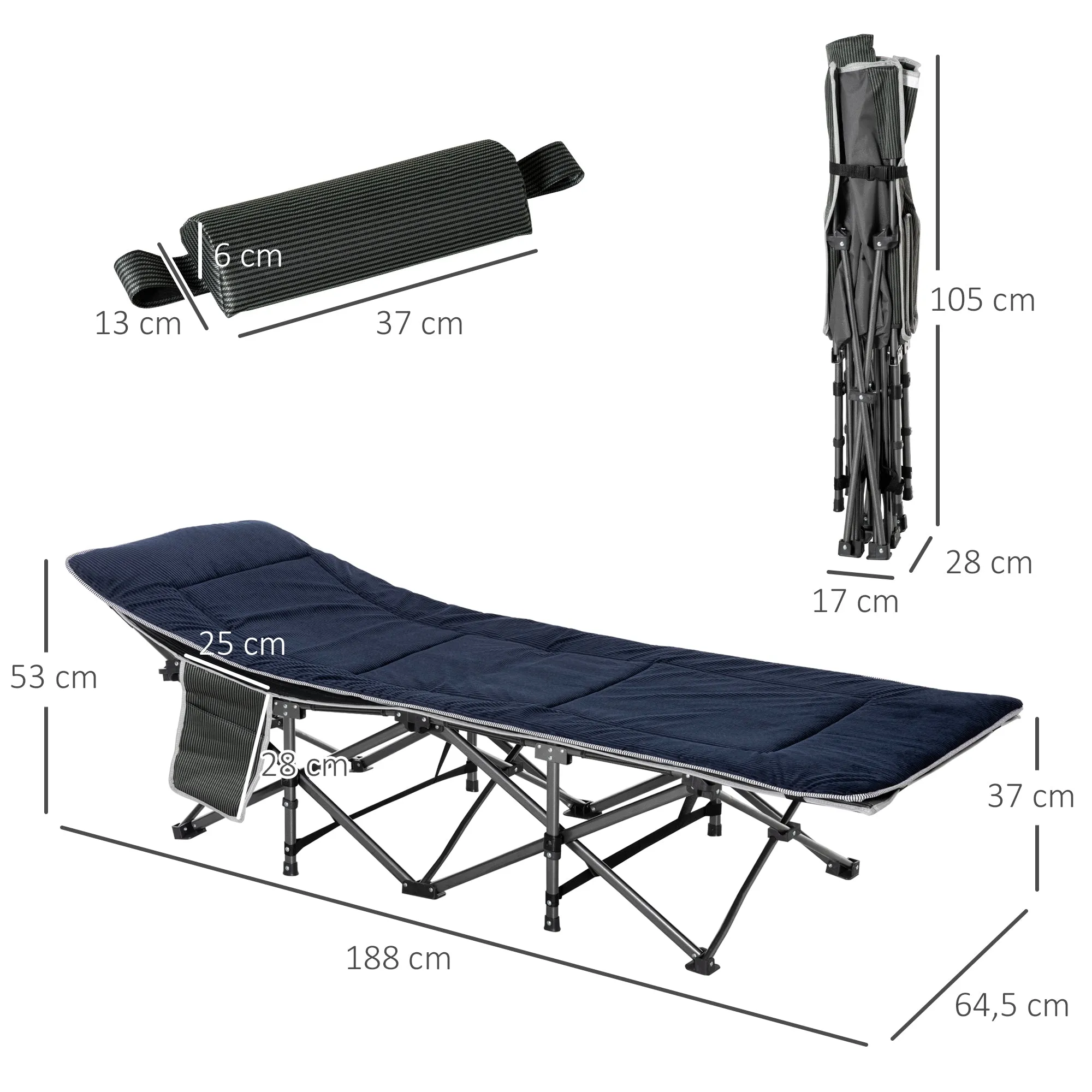Rootz Foldable Camping Bed - Field Bed - Portable Bed - Durable Oxford Fabric - 188 x 64.5 x 53 cm