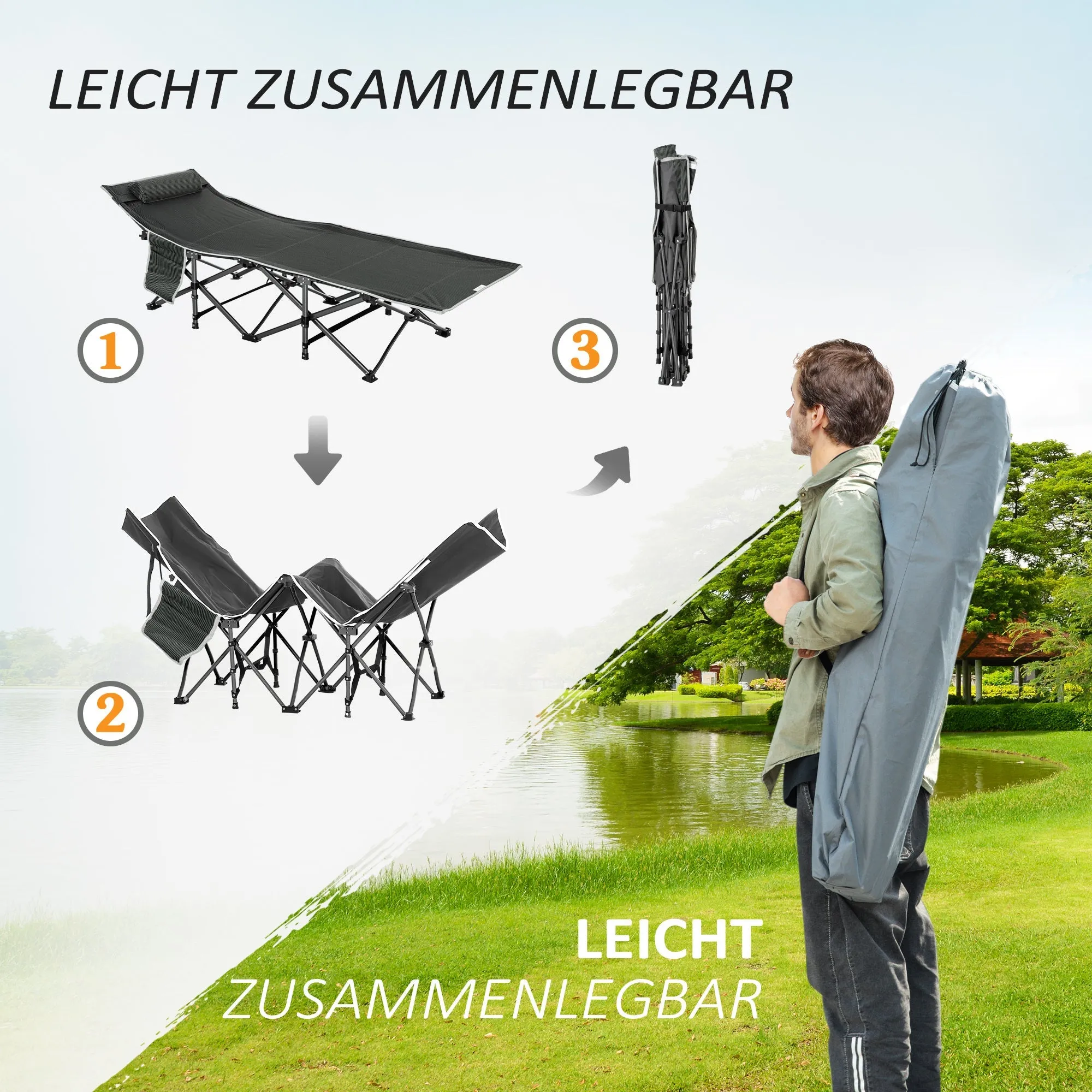 Rootz Foldable Camping Bed - Field Bed - Portable Bed - Durable Oxford Fabric - 188 x 64.5 x 53 cm