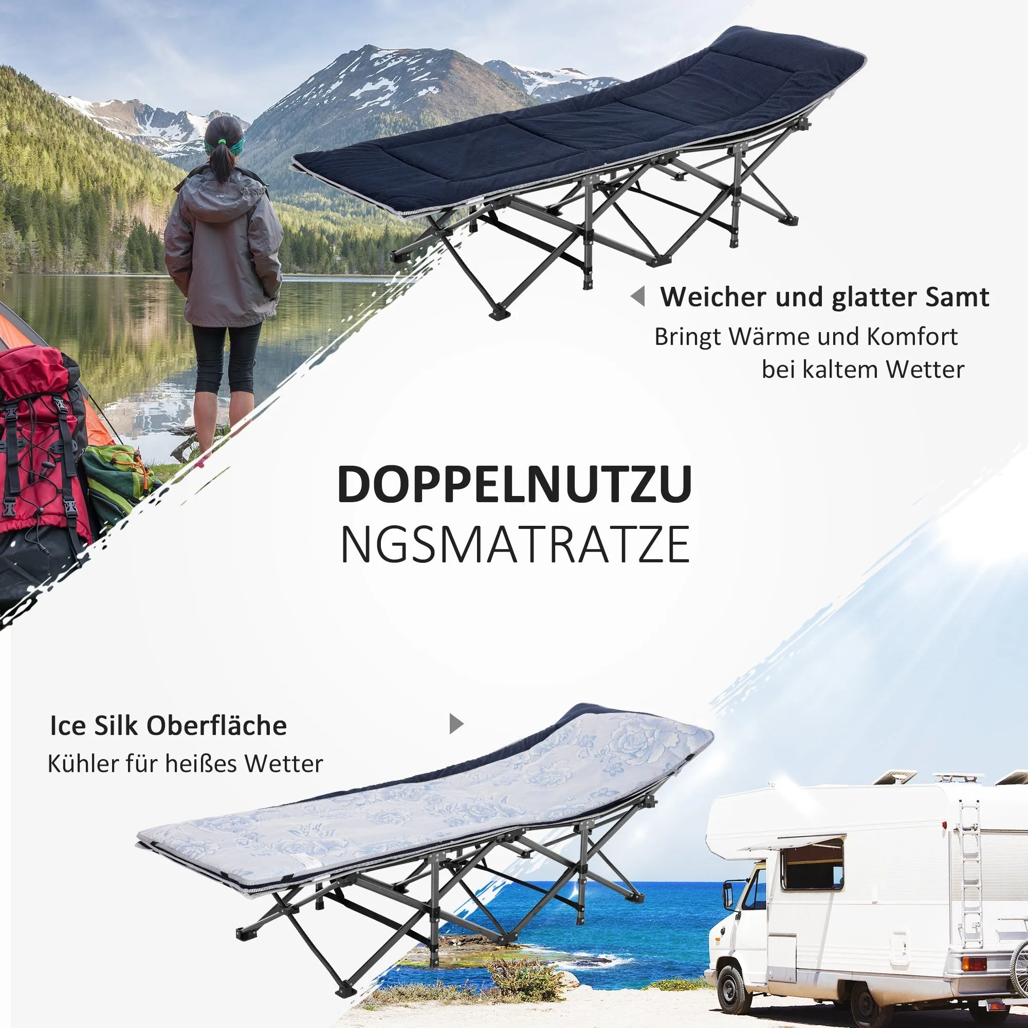 Rootz Foldable Camping Bed - Field Bed - Portable Bed - Durable Oxford Fabric - 188 x 64.5 x 53 cm