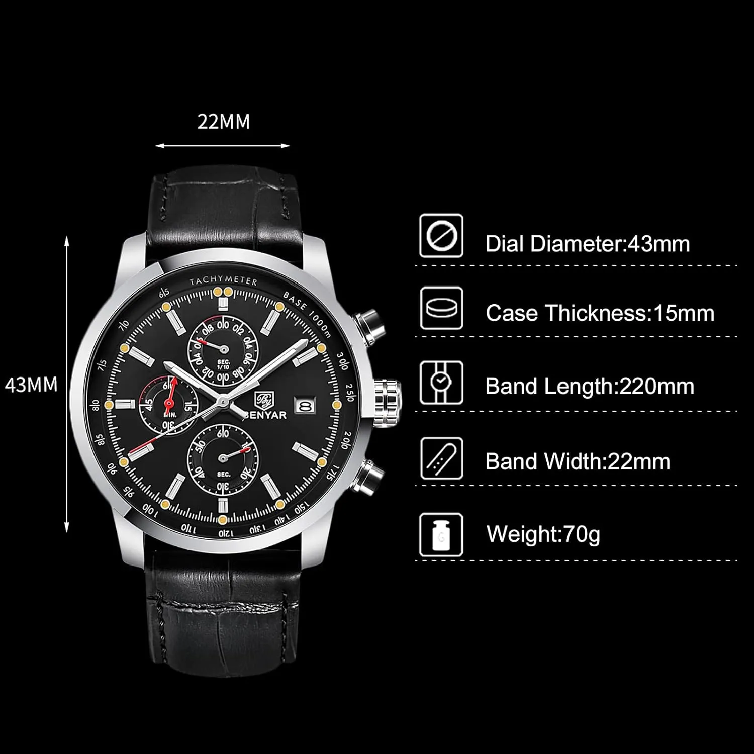 RORIOS Mens Watches Waterproof Analogue Quartz Watch with Leather Brecelet Casual Chronograph Wrist Watches for Men