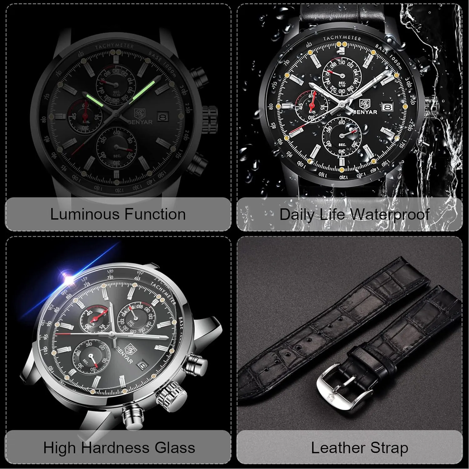 RORIOS Mens Watches Waterproof Analogue Quartz Watch with Leather Brecelet Casual Chronograph Wrist Watches for Men