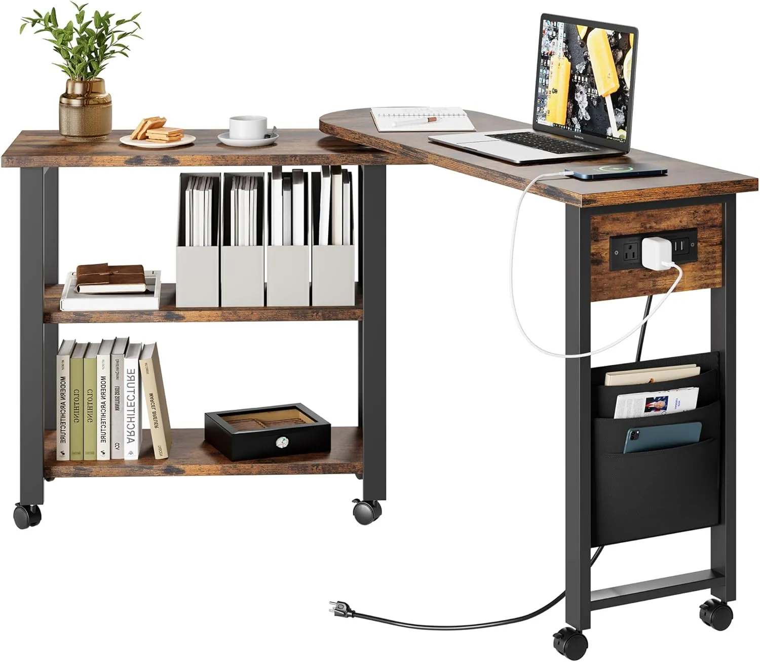 Rotating Side Table 360° End Table with Charging Station Swivel Side Table with Extra Storage Bag Movable End Table with 6 Swivel Wheels with Brakes for Bedroom Living Room