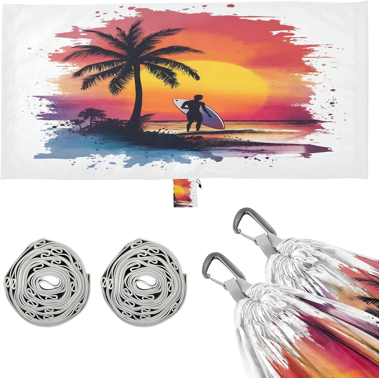Round Sunset Palm Trees Camping Hammock Single Portable Hammocks 330 lbs Capacity with 2 Tree Straps and Attached Carry Bag,Perfect for Outdoor,Indoor,Beach,Camping,Travel