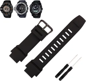 Rubber 18MM Silicone Watch Bands Replacement Fit for Casio Proterk PRG-270 PRG-250 PRG-500 PRW-2500 PRW-3500 PRW-5100 Pro terk Strap Wirstband With Black/Silver Stainless Steel Buckle for Men and Women